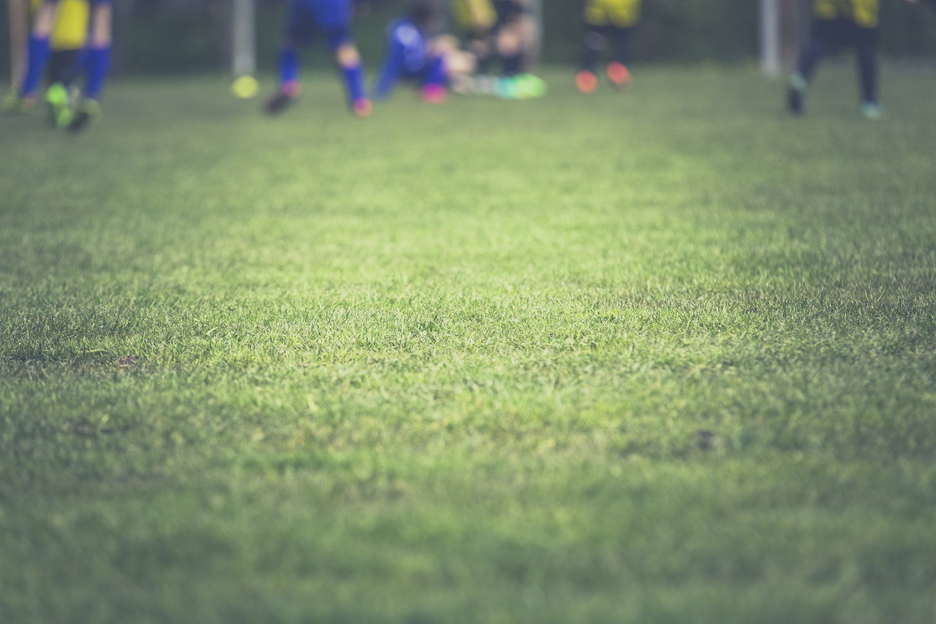 Green soccer field with blurred figures of children playing.