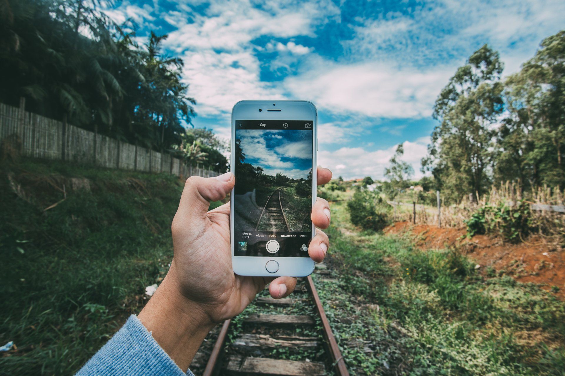 A hand holding a cell phone out in a wooded area, taking a photo of junk