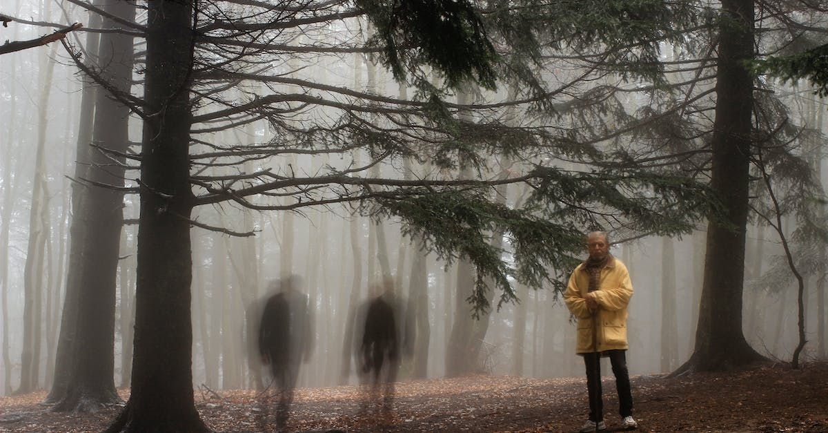 A man in a yellow jacket is standing in the middle of a foggy forest.