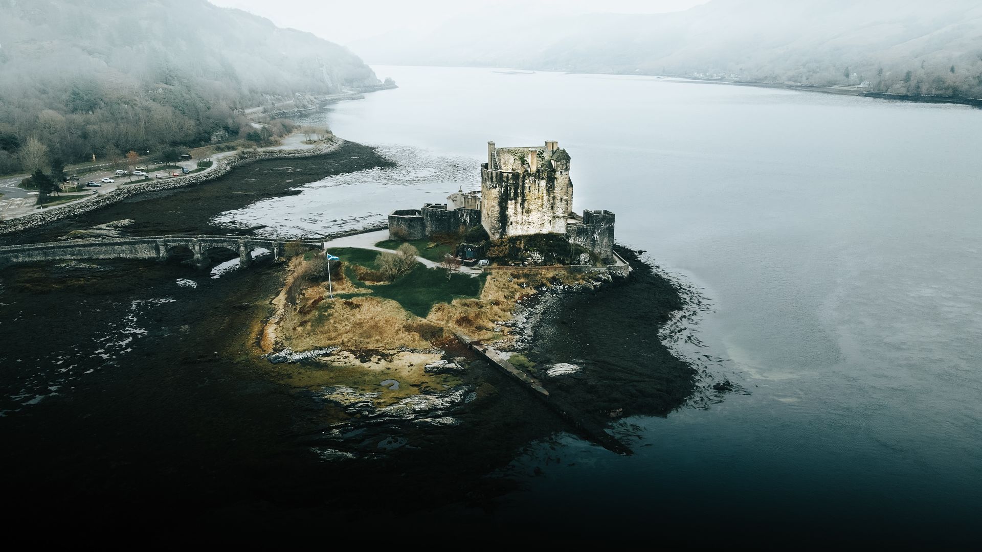 Aerial shot of Eilean Donan Castle