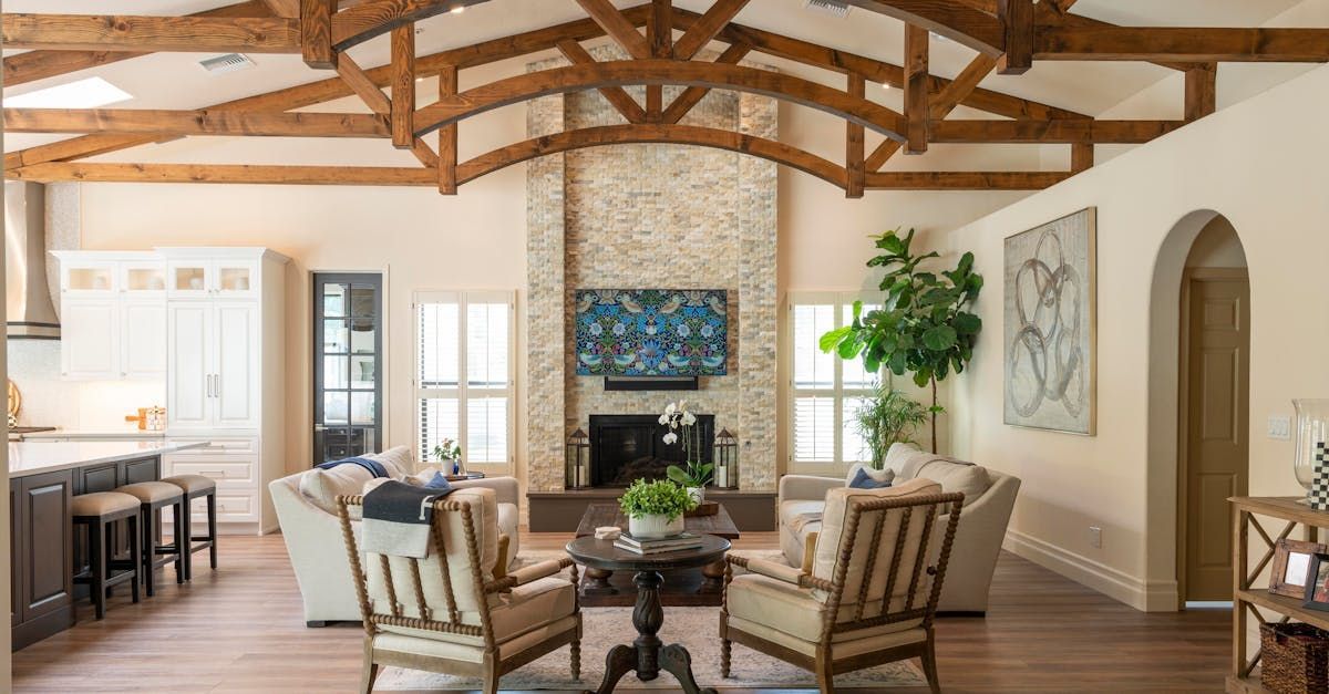 Exposed beams and brick fireplace for home design in Linking County OH