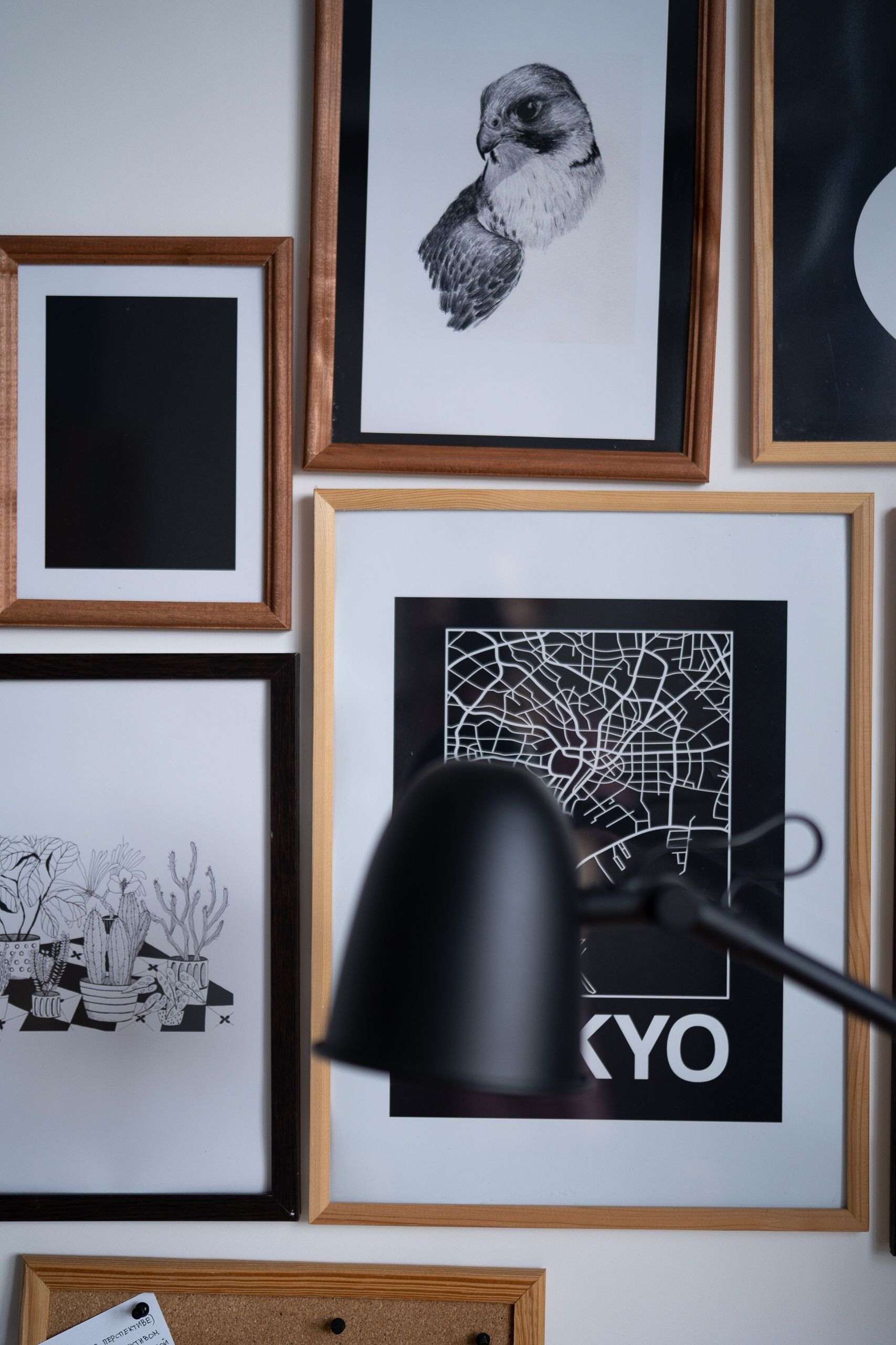 A collage of framed pictures on a wall including one that says kyo