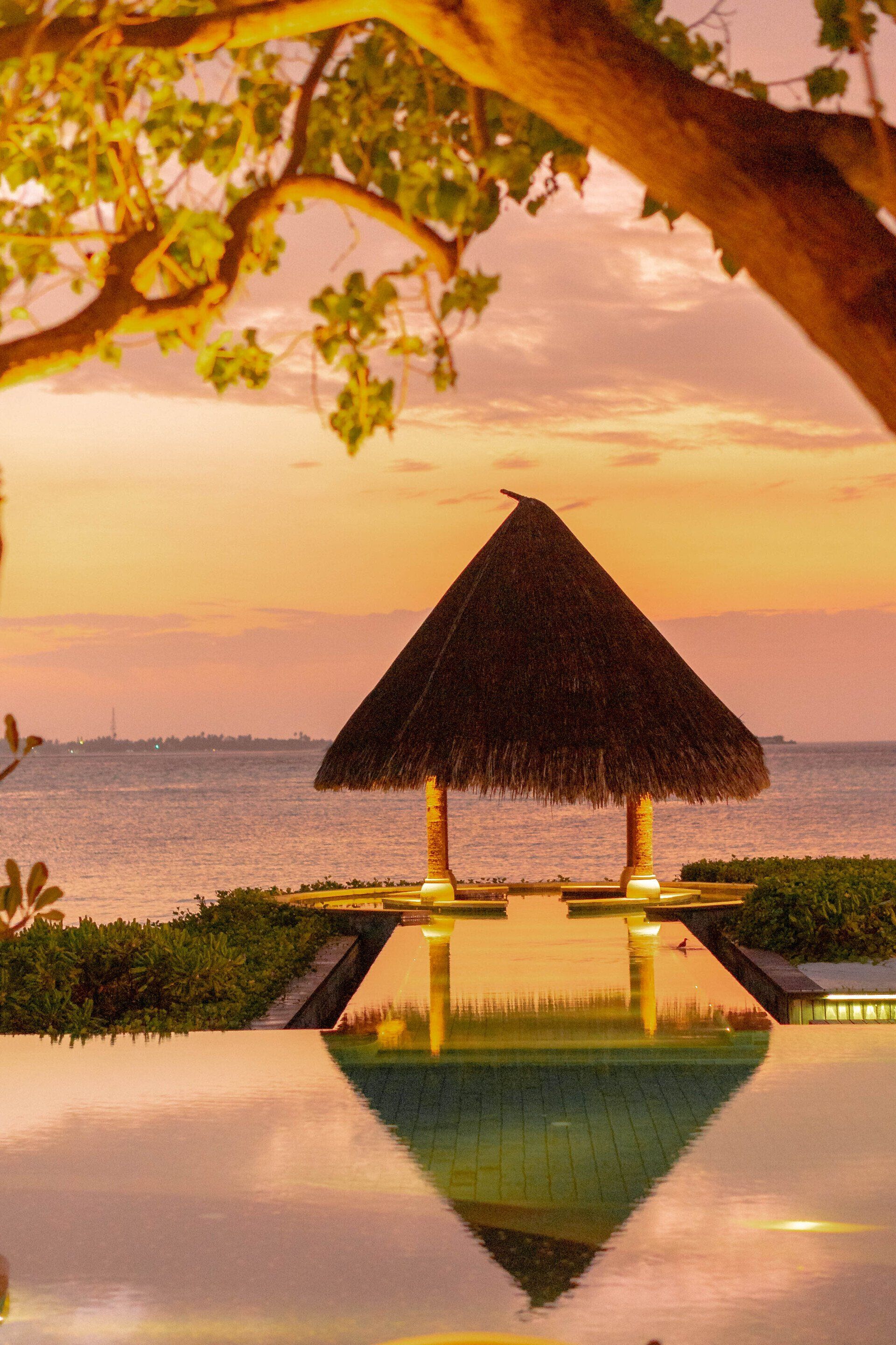 A thatched hut sits near a swimming pool overlooking the ocean