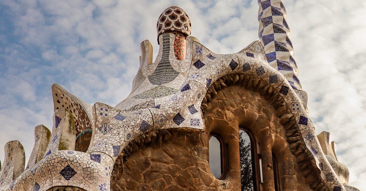 A close up of a building with a blue and white tiled roof.