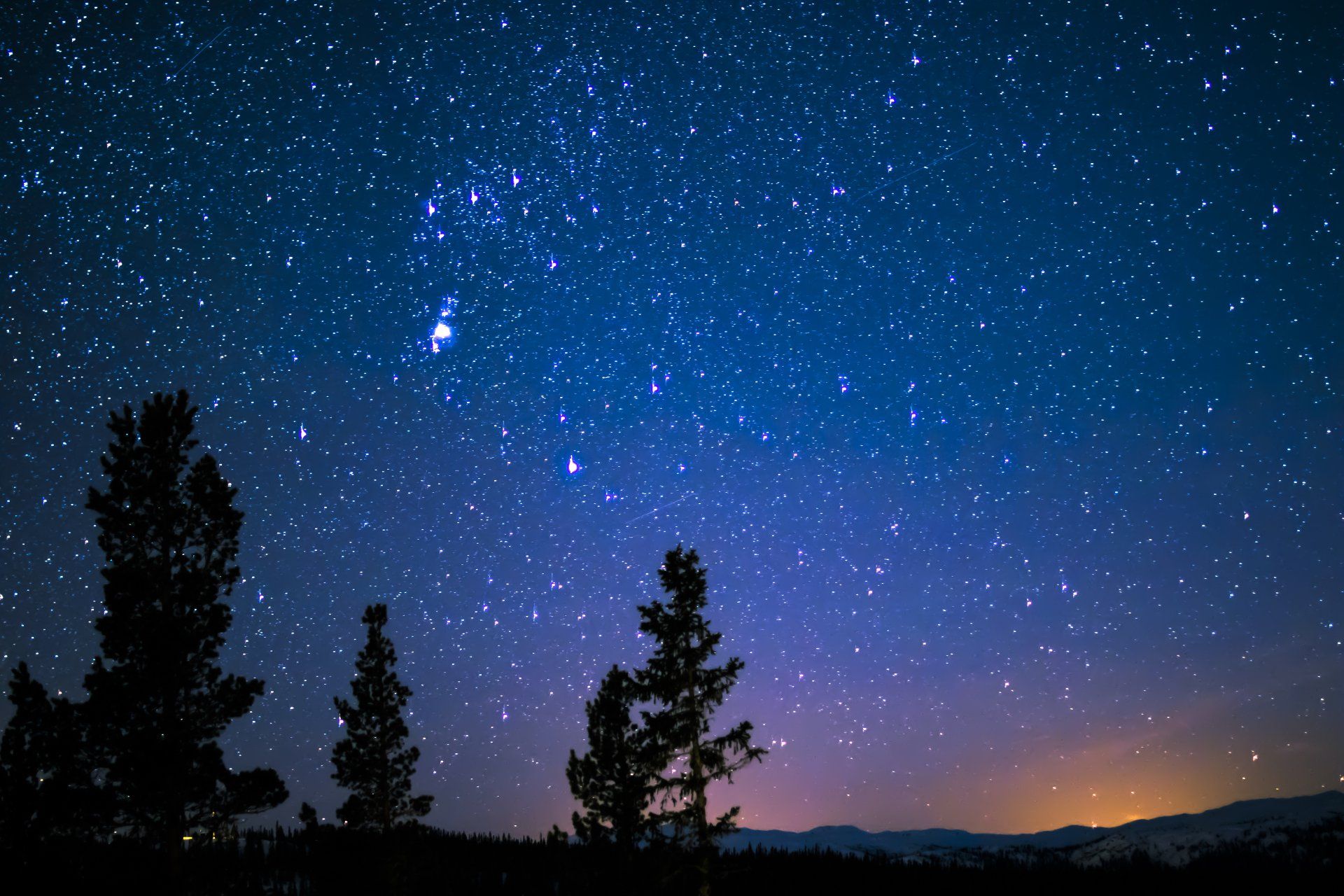 Starry evening sky with last of the sunset and the outline of trees on the horizon