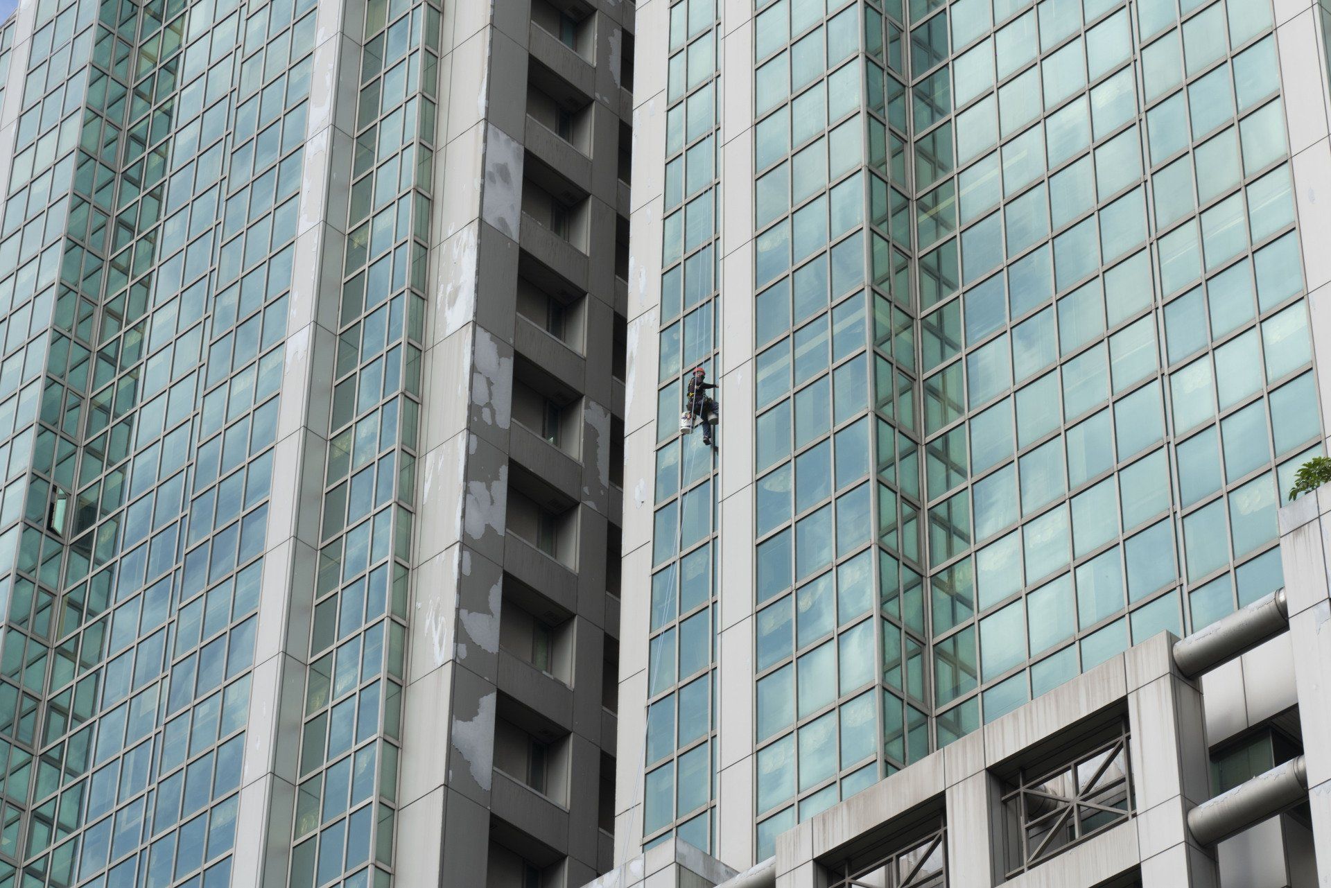 A man is cleaning the cladding of a tall building.