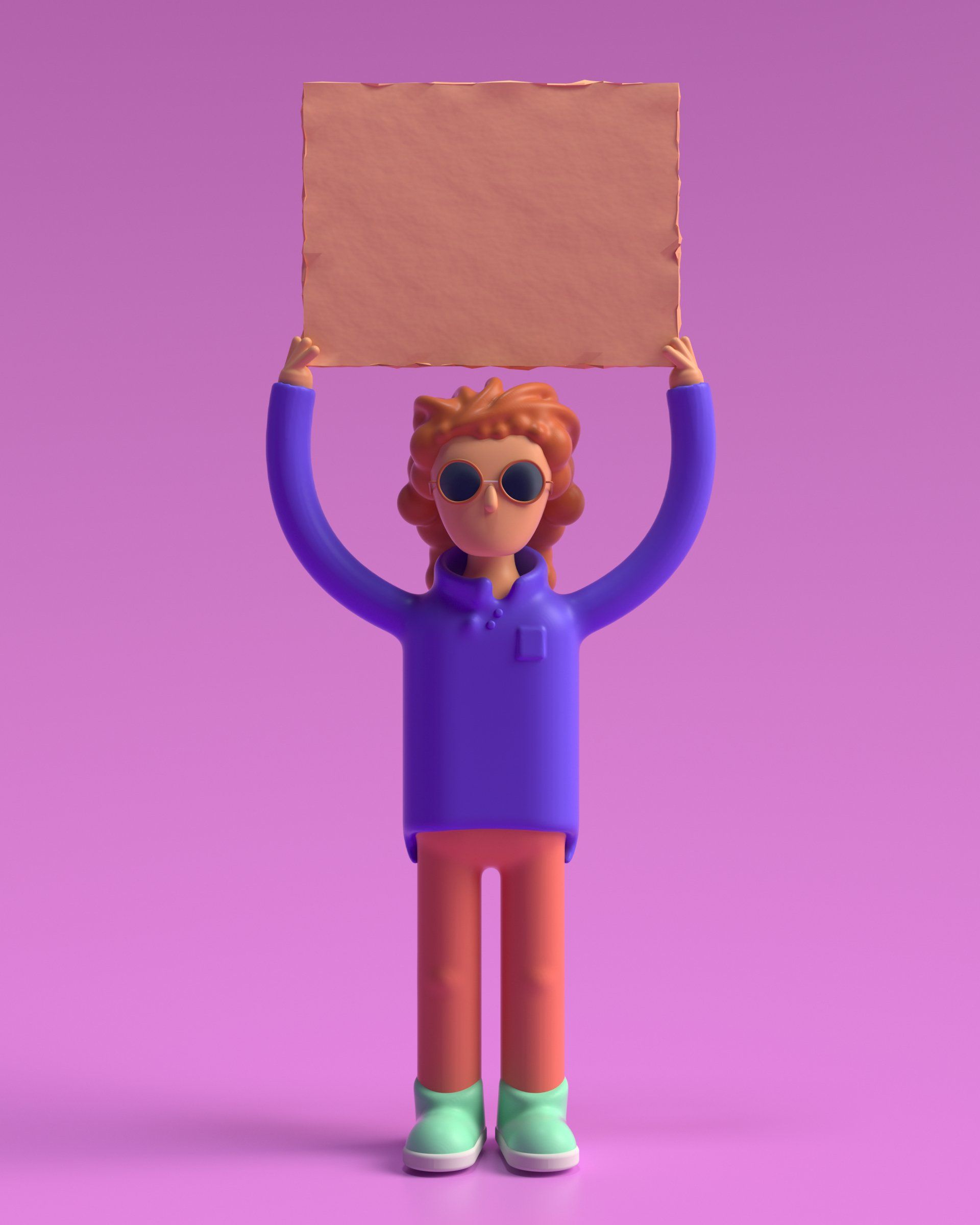 a cartoon character is holding a cardboard sign over his head .