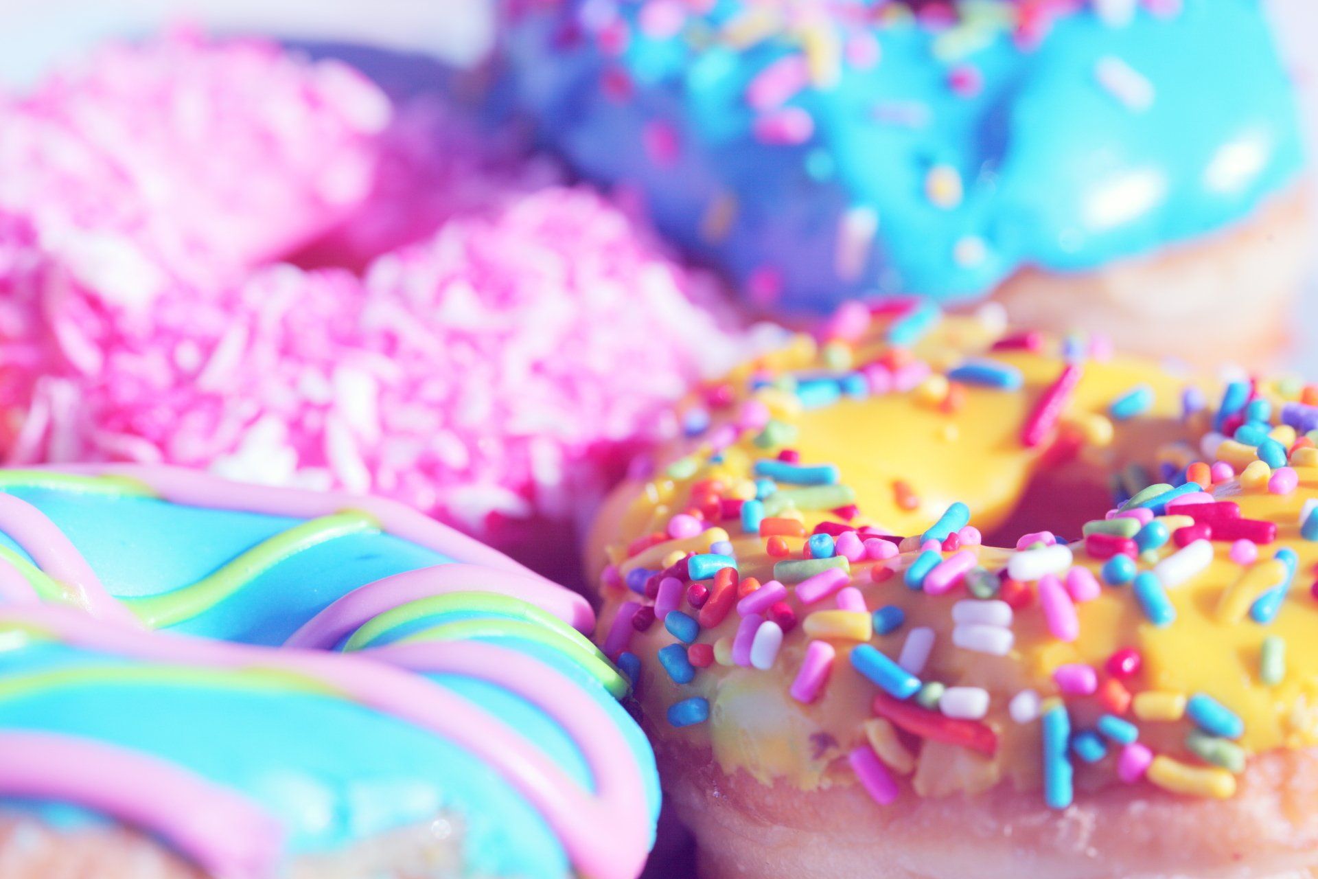 A bunch of colorful donuts with sprinkles on them