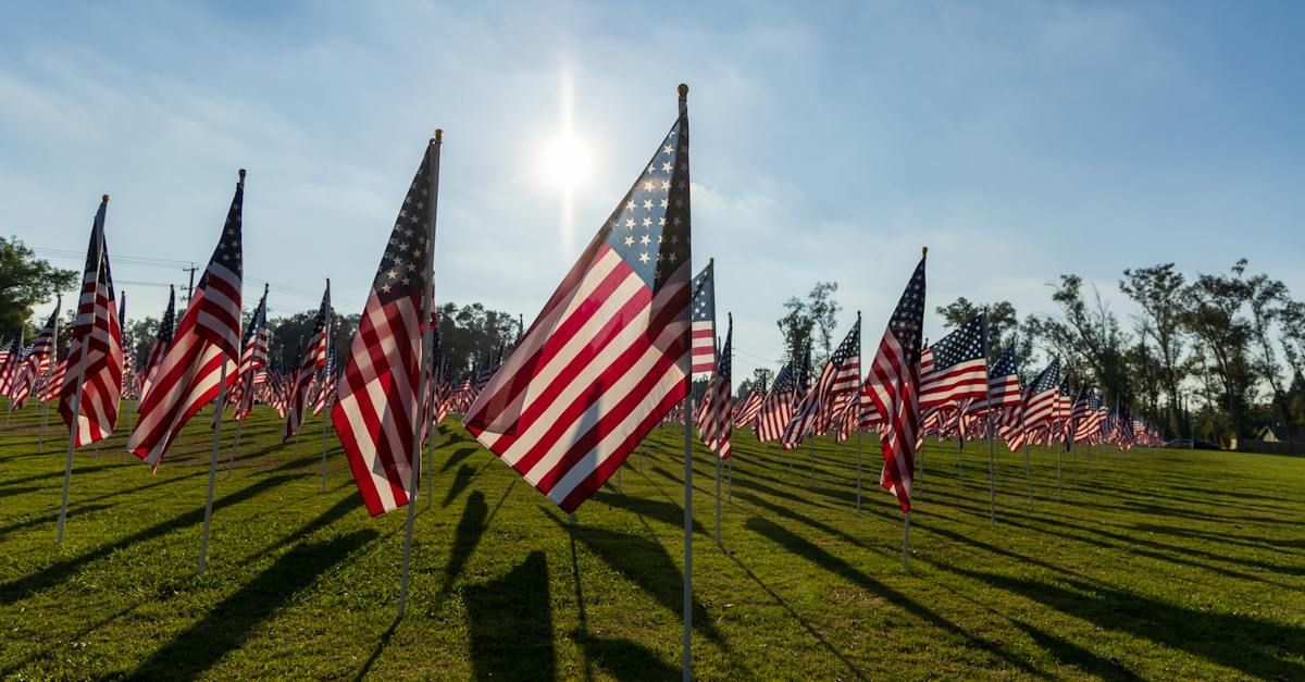 Photo showing many American flags in a field, suggestive of Memorial Day or 4th of July.