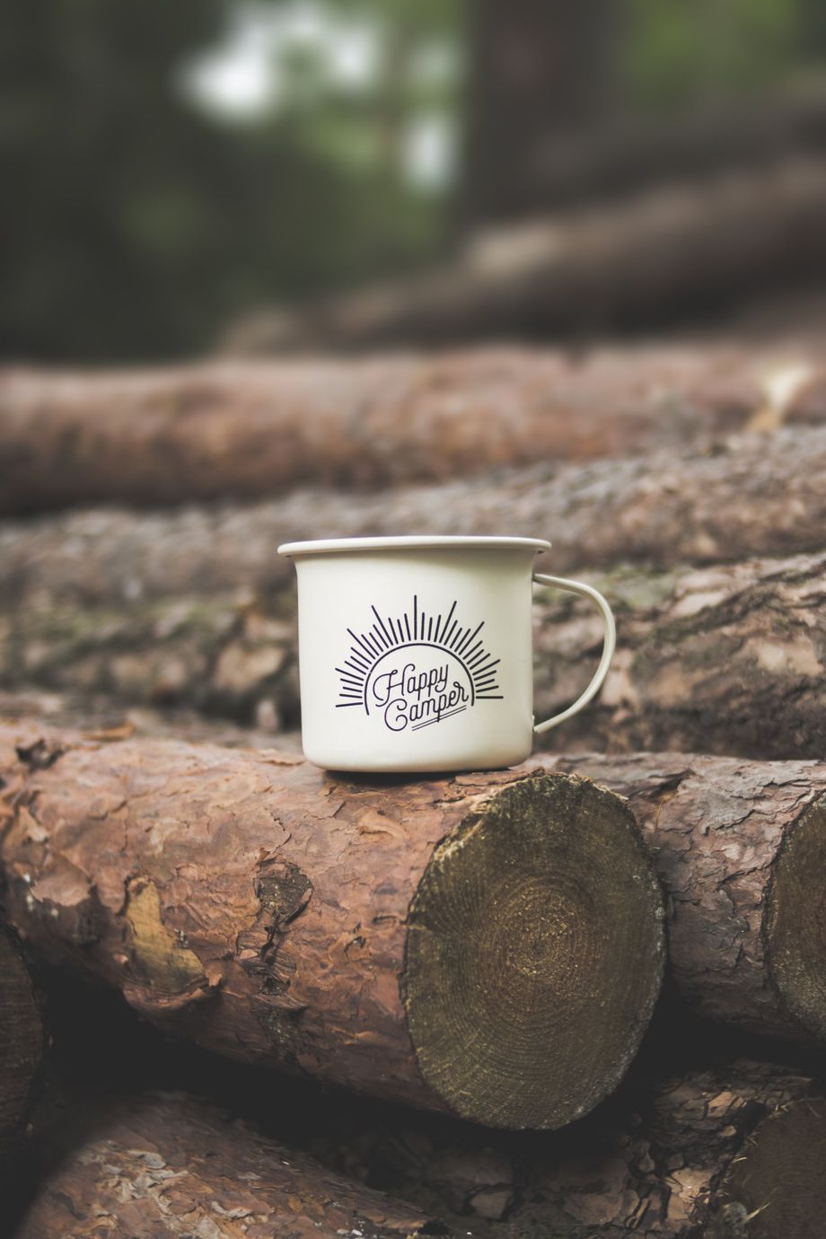 A white mug is sitting on a pile of logs