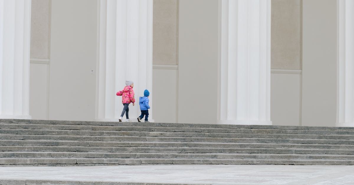 Parent and child walking on steps of a courthouse