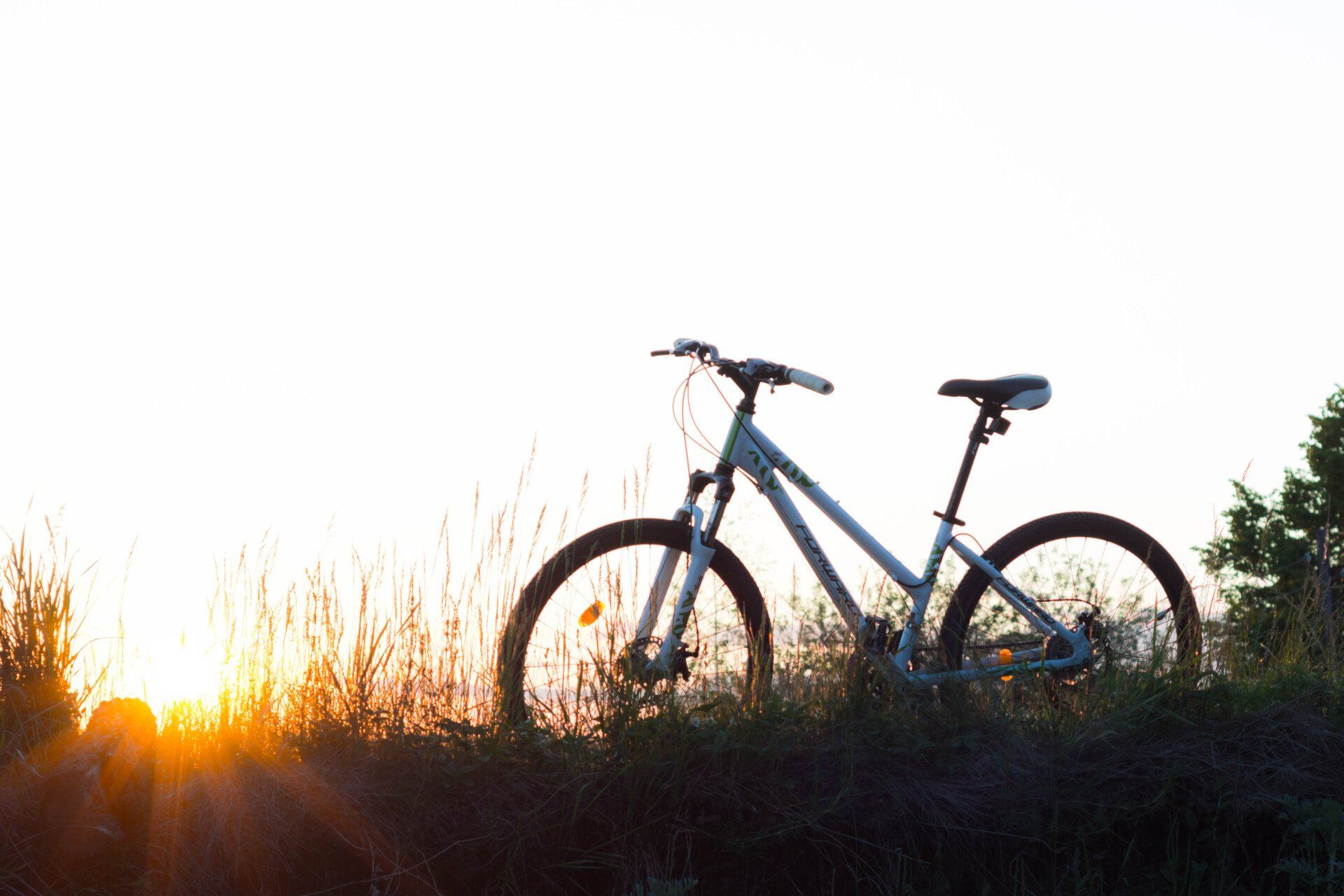 a bicycle is parked on a grassy hill at sunset .