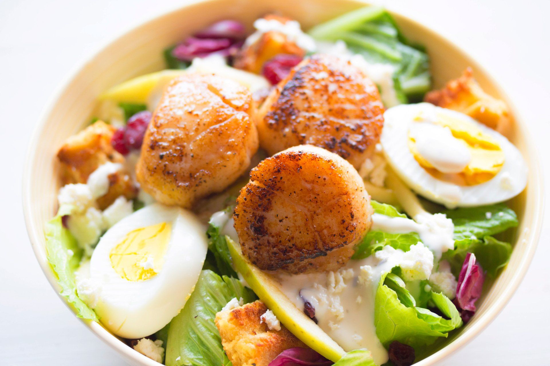 A salad with scallops , eggs and lettuce in a bowl