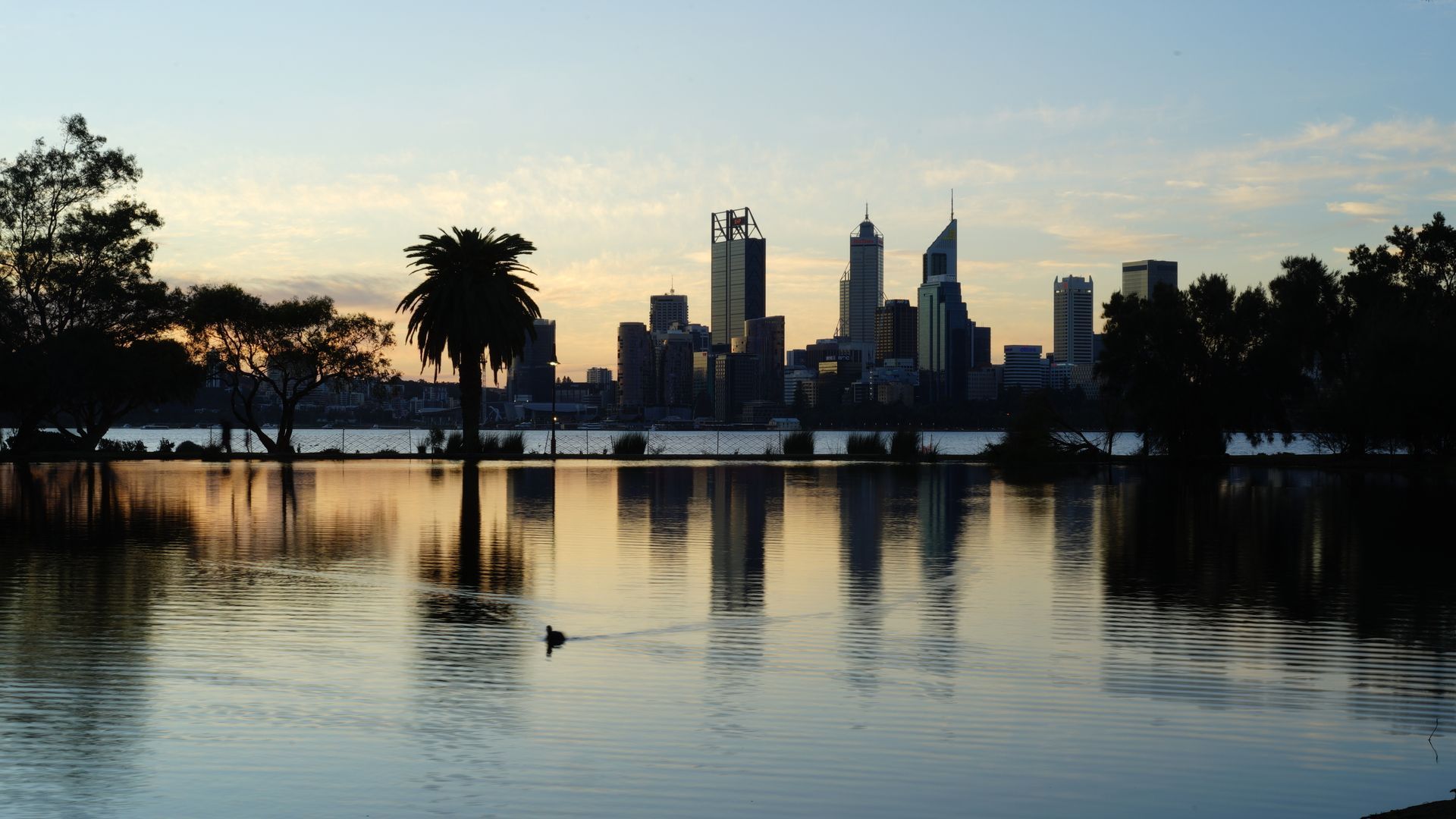 Sunset view of Perth City Skyline in Australia.