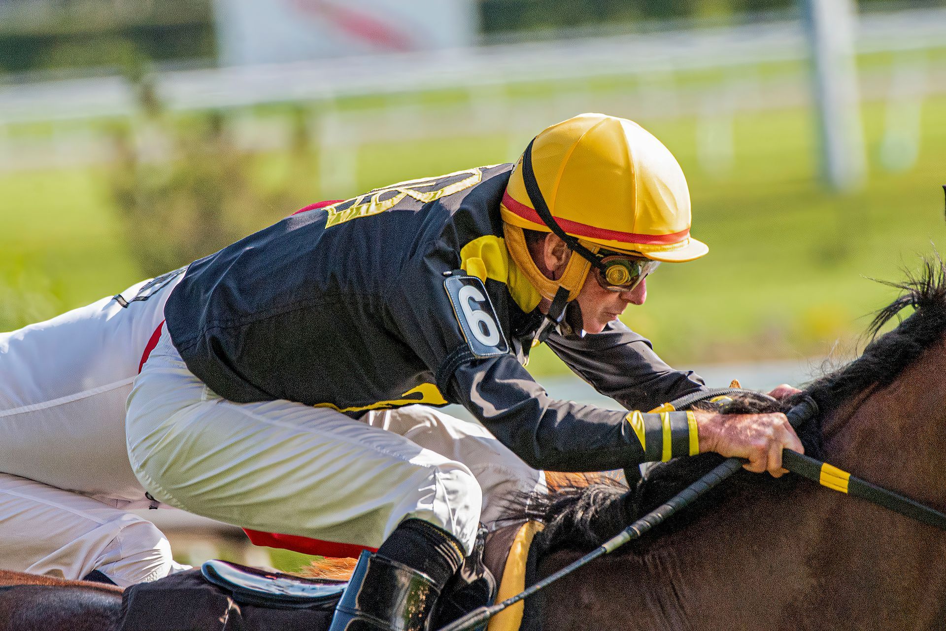 A jockey is riding a horse on a race track.