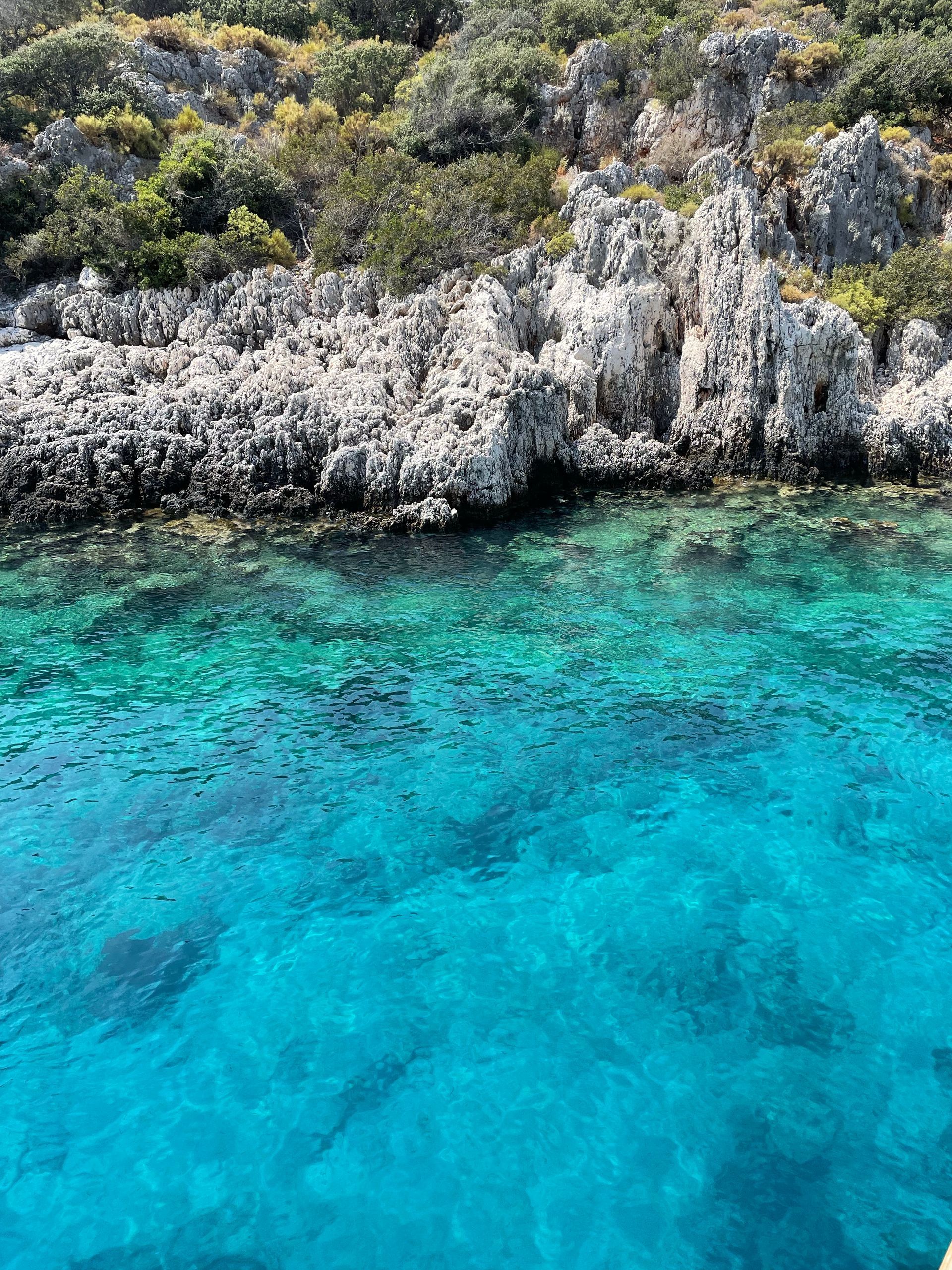 A large body of water surrounded by rocks and trees.