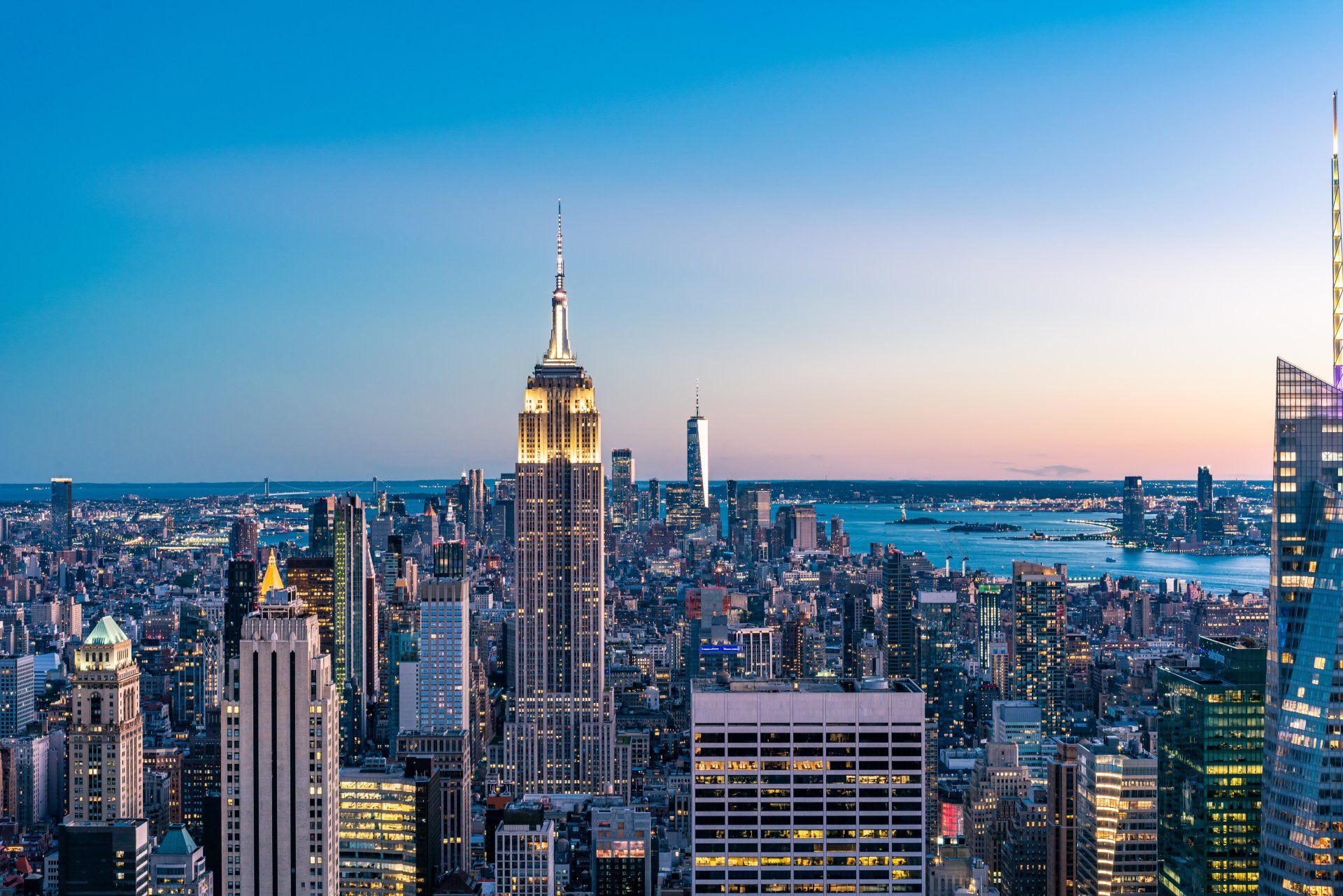 An aerial view of the new york city skyline at night