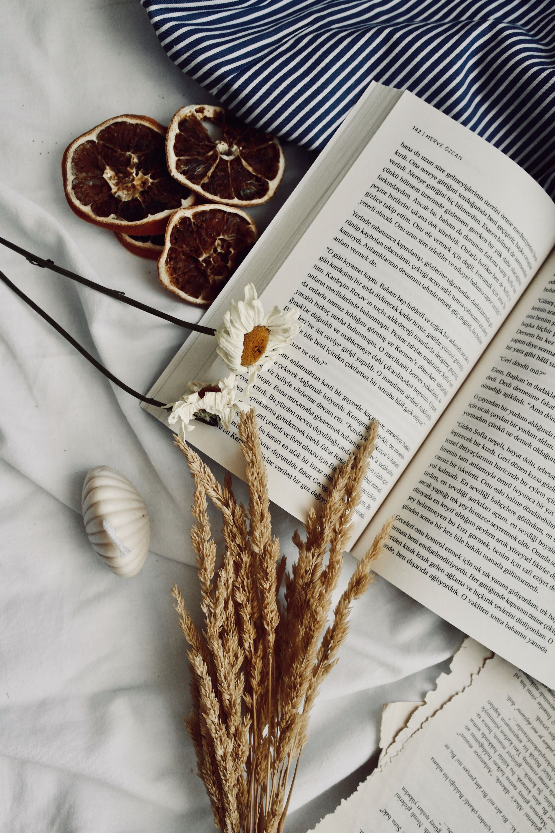 Un libro está abierto por una página con una flor.