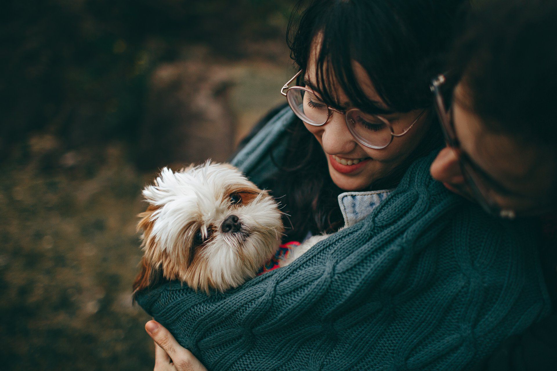 a woman is holding a small shih tzu dog in her arms .