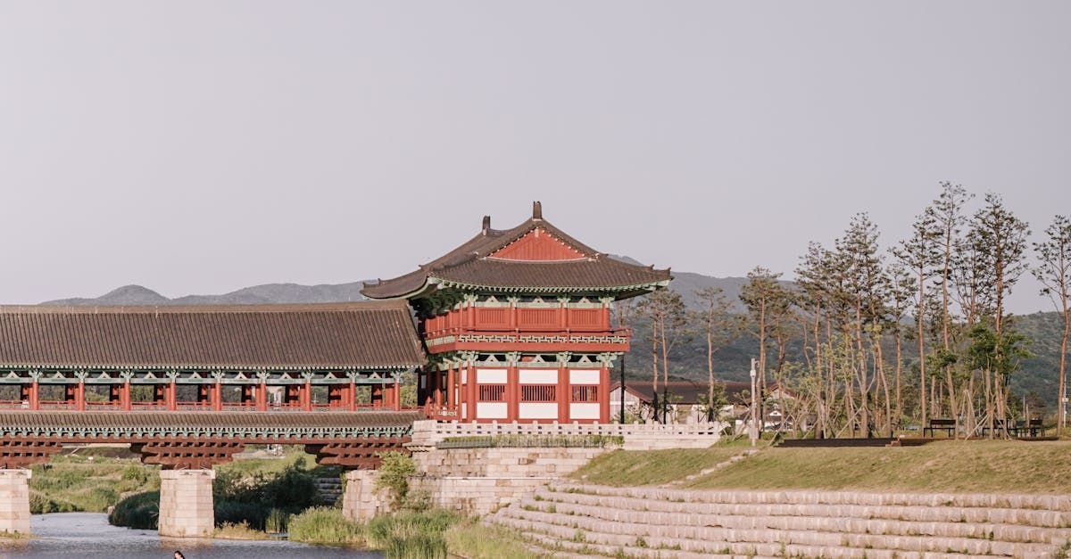 A large building with a bridge over a river in front of it.