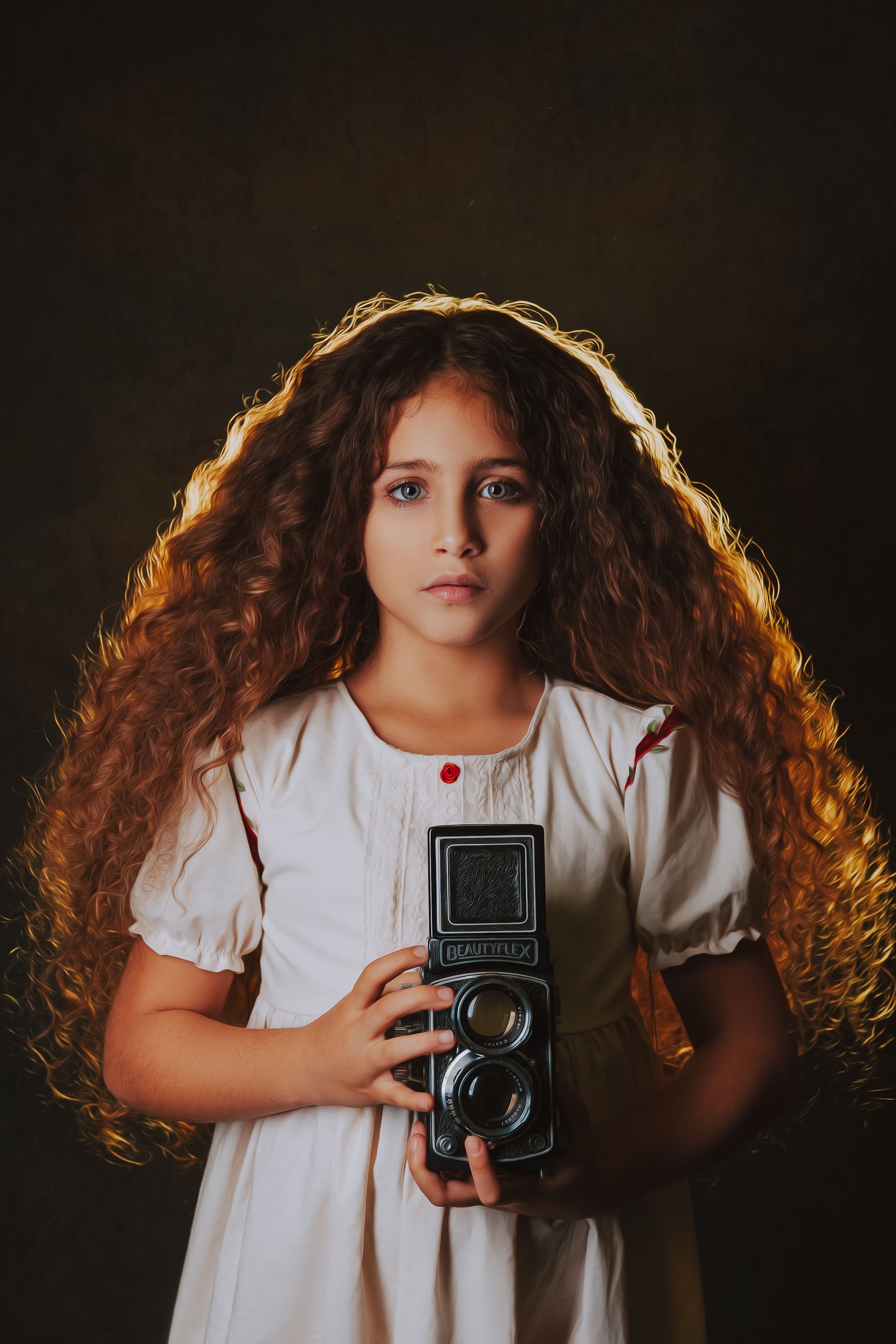 Girl holding antique camera