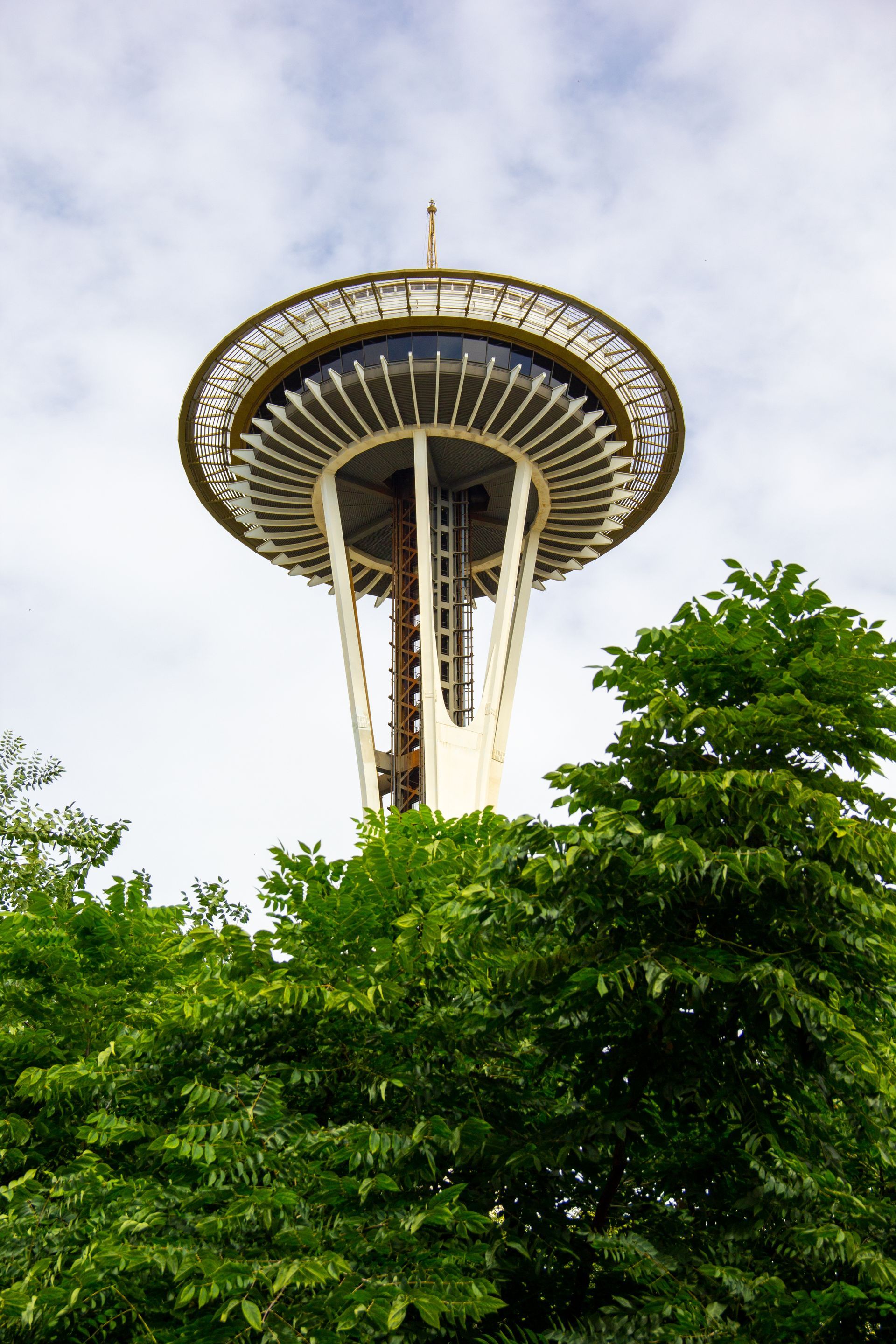 The space needle is surrounded by trees and a cloudy sky