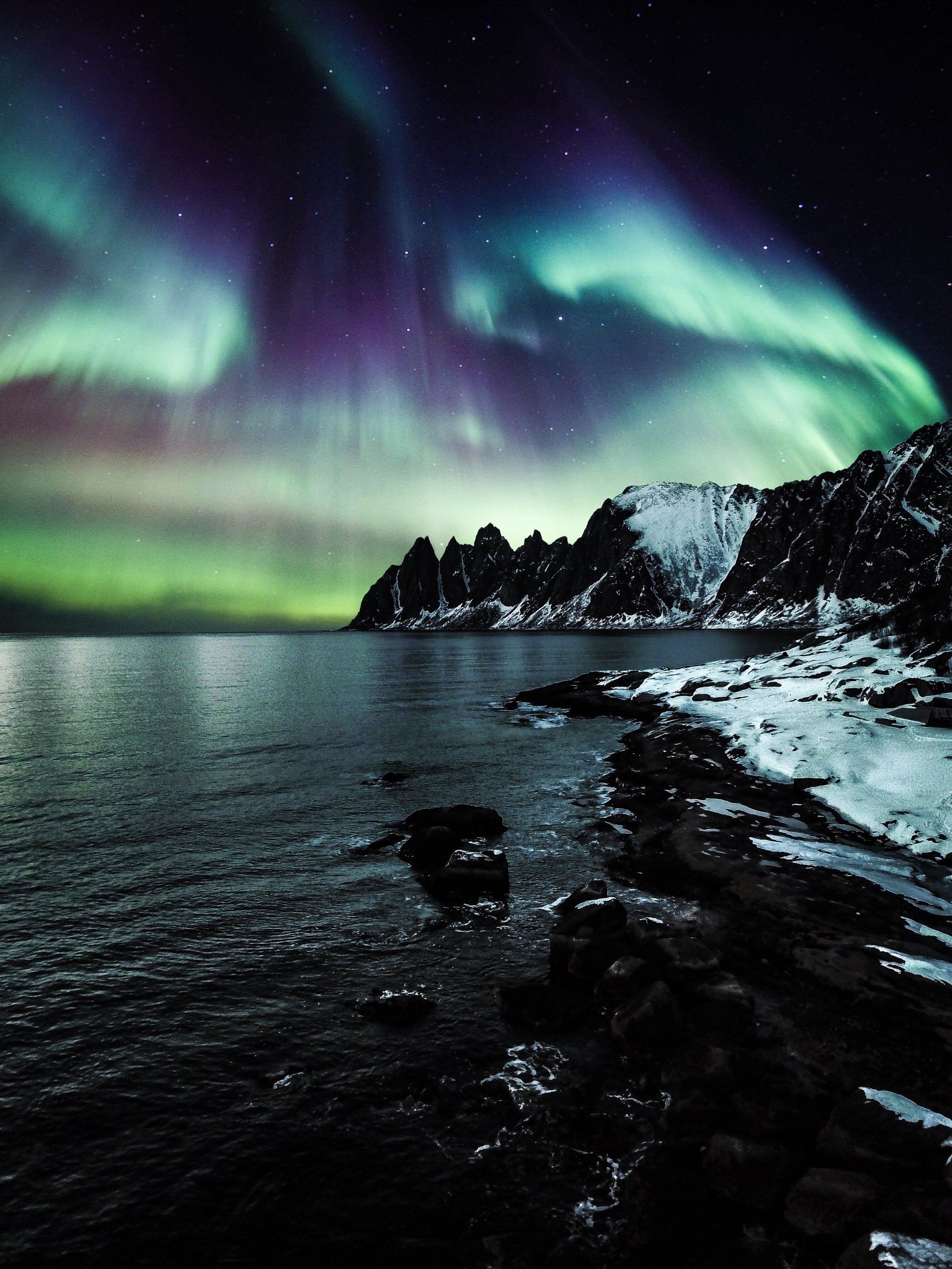 The aurora borealis shines over a body of water