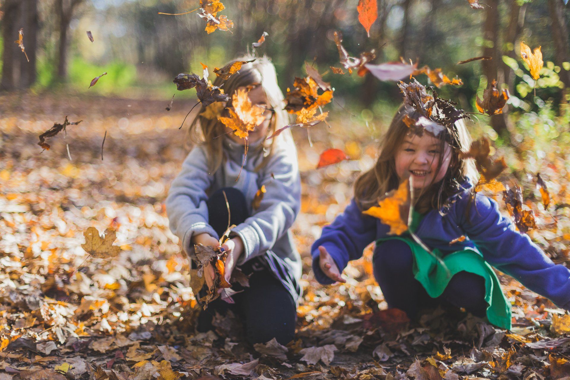 Two little girls are playing with leaves in the woods.