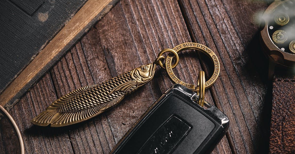 A close up of a keychain on a wooden table.