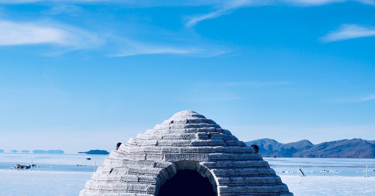 An igloo is sitting in the middle of a snow covered field.