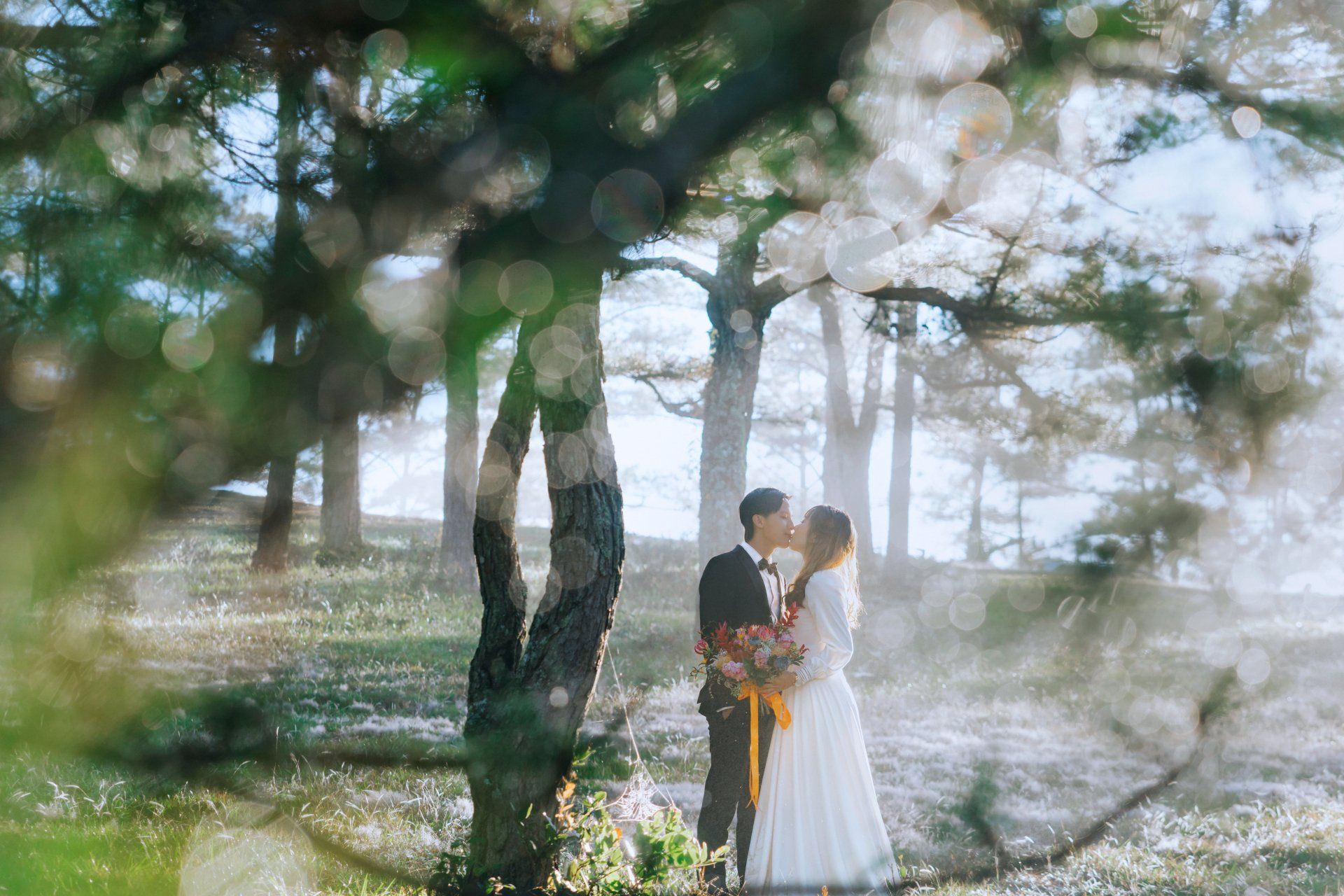 A bride and groom are kissing under a cherry blossom tree.