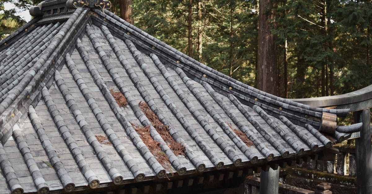 An aging, weathered roof with patches of discoloration.