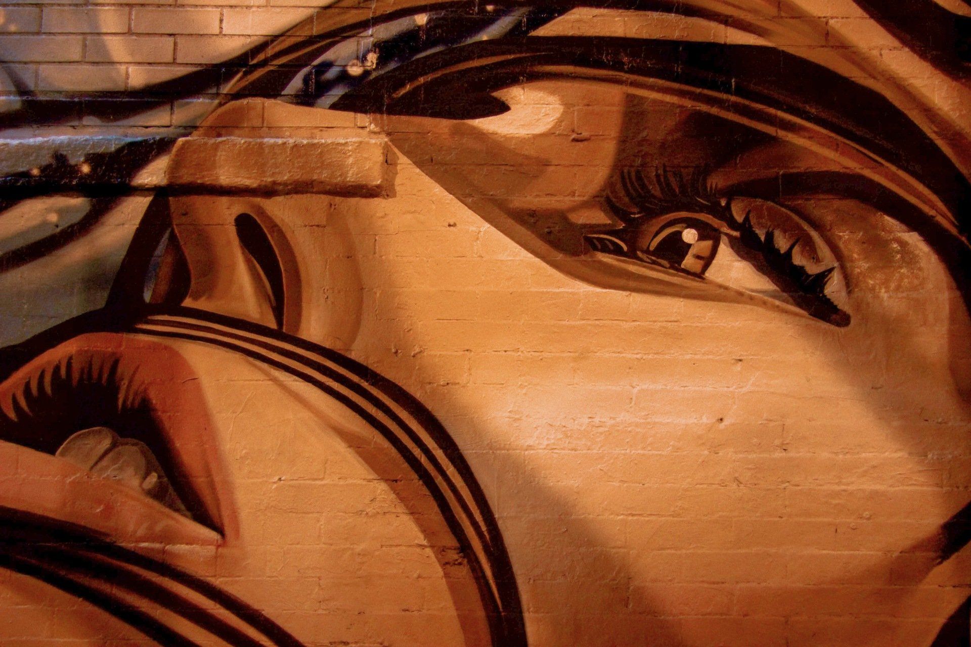 A close up of a painting of a woman 's face on a brick wall