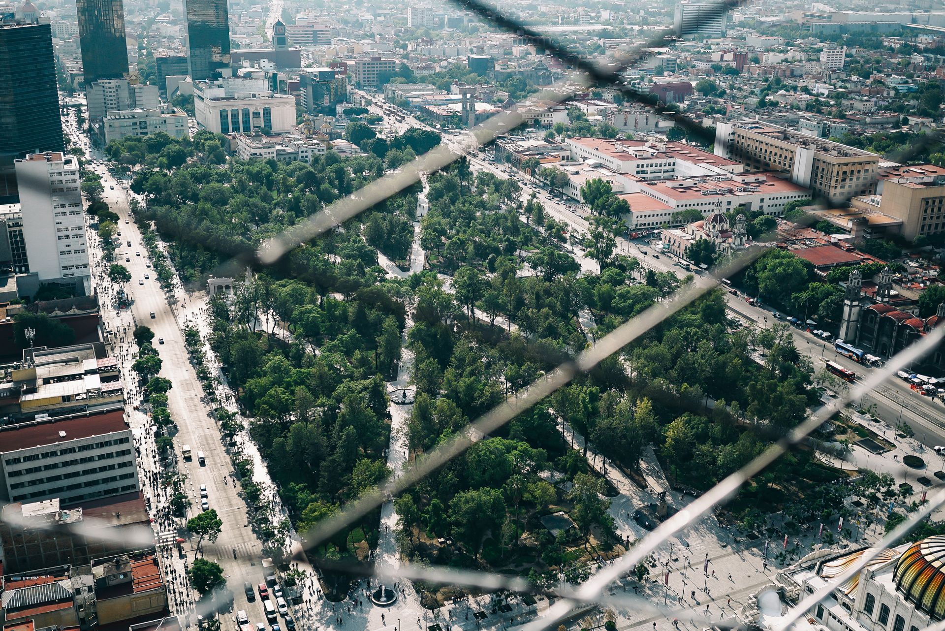 An aerial view of a city with a park in the middle of it.