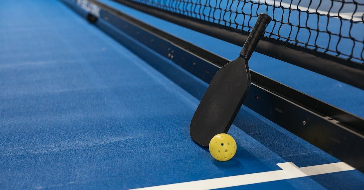 a paddle and a ball are on a tennis court