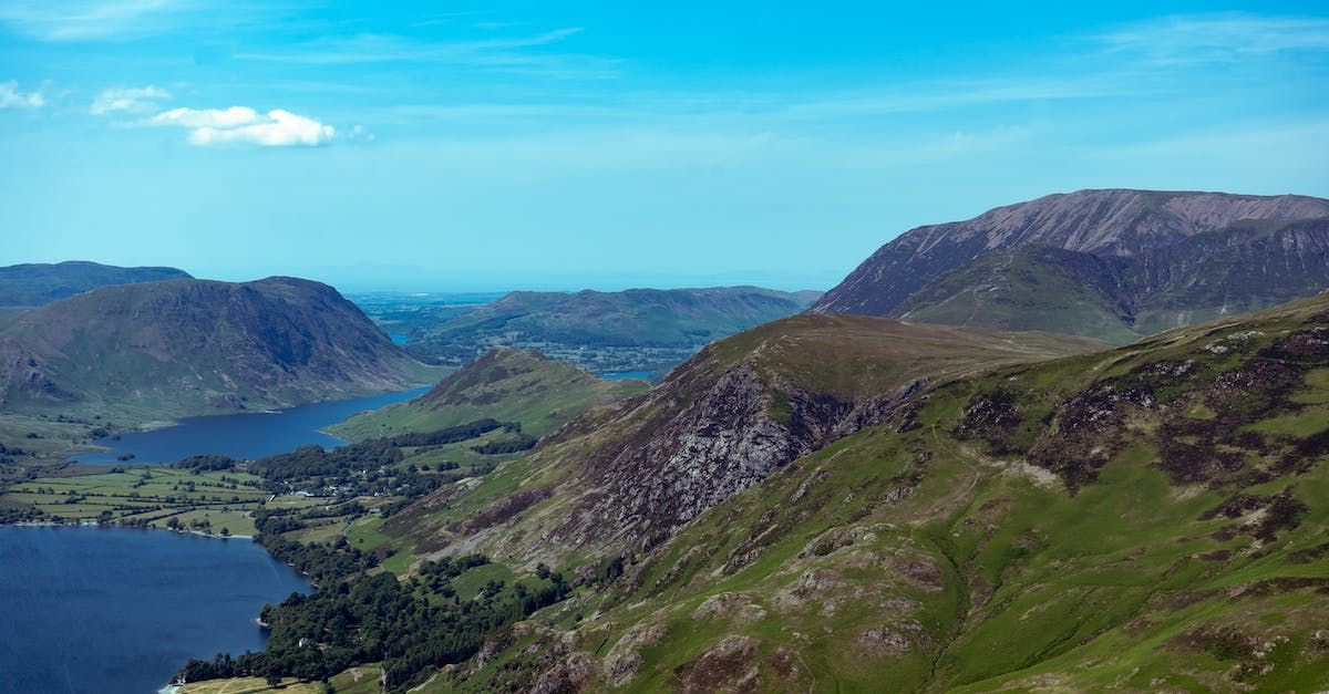 An aerial view of a lake surrounded by mountains on a sunny day.