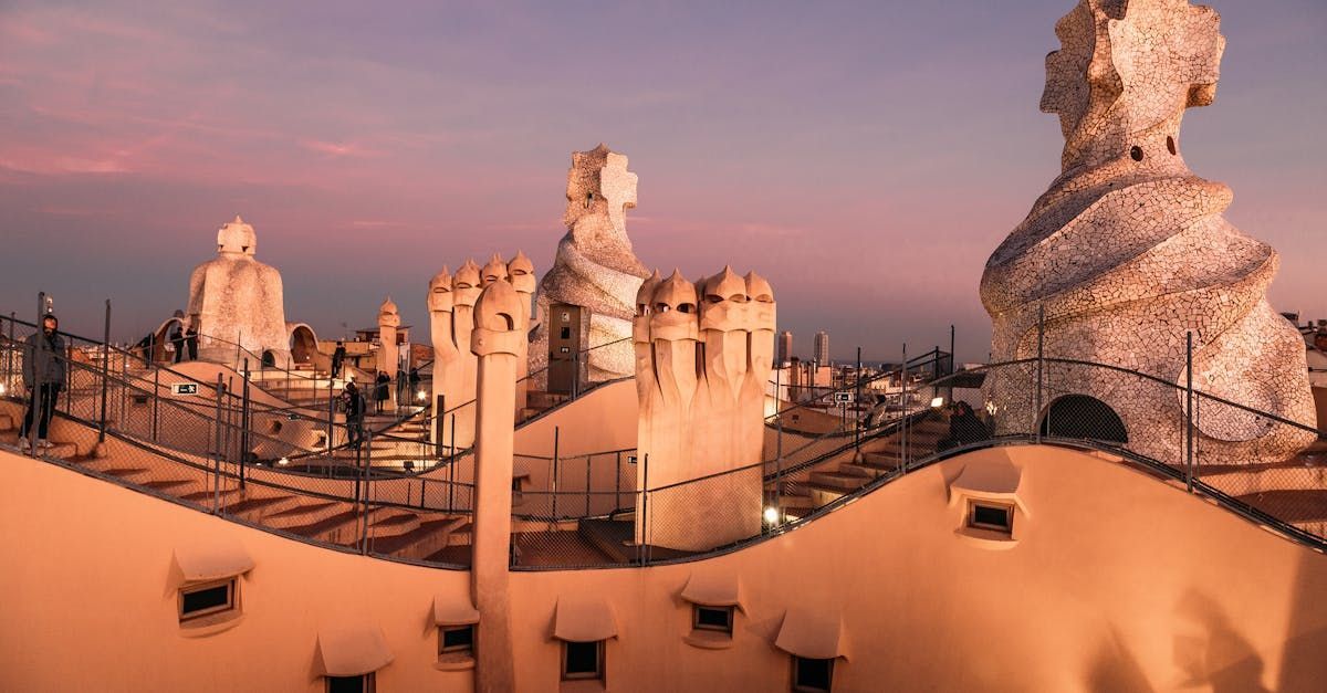 Top of a building at sunset.
