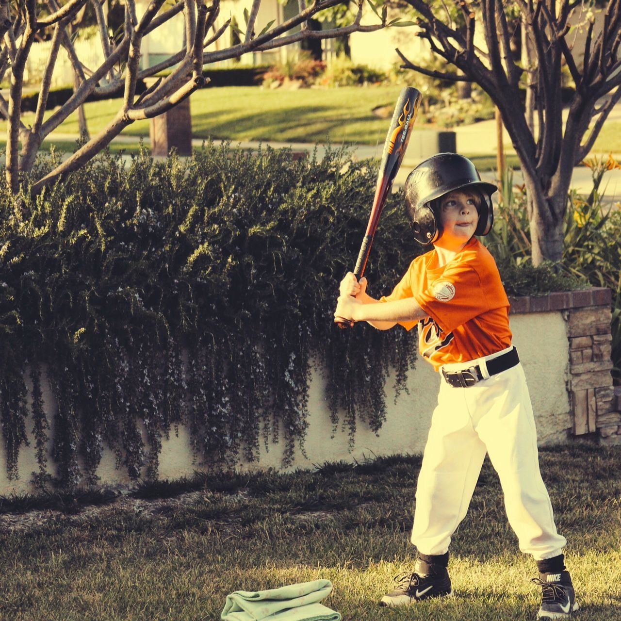 A young boy in an orange shirt is holding a baseball bat