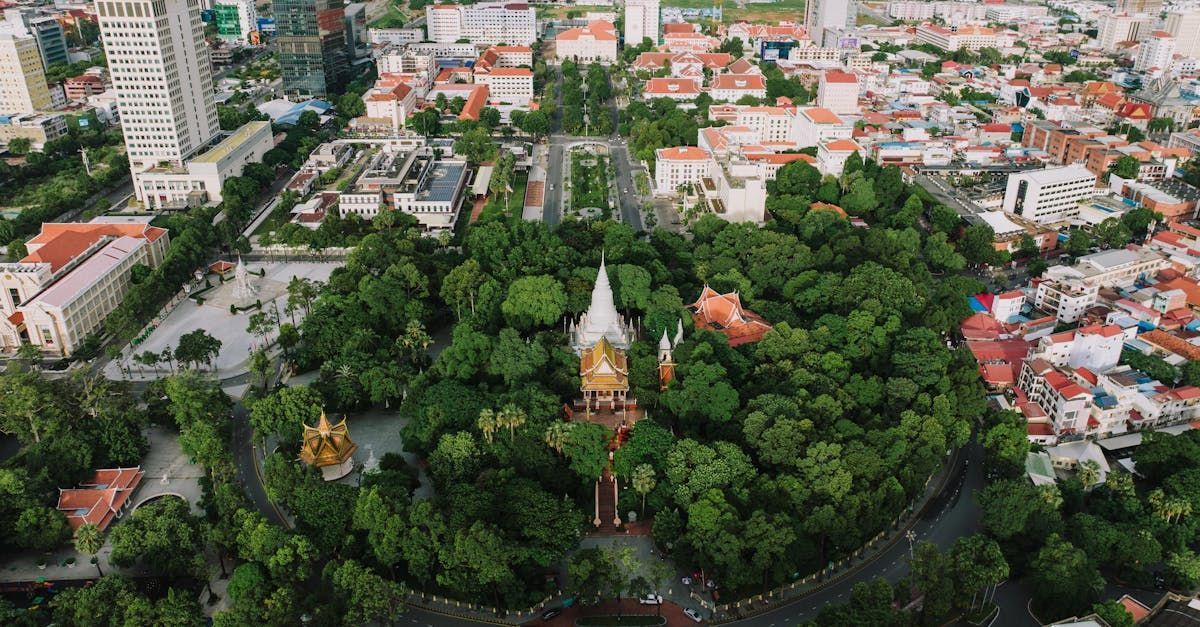 Aerial view of Wat Phnom Daun Penh, a Buddhist temple in Phnom Penh, Cambodia.