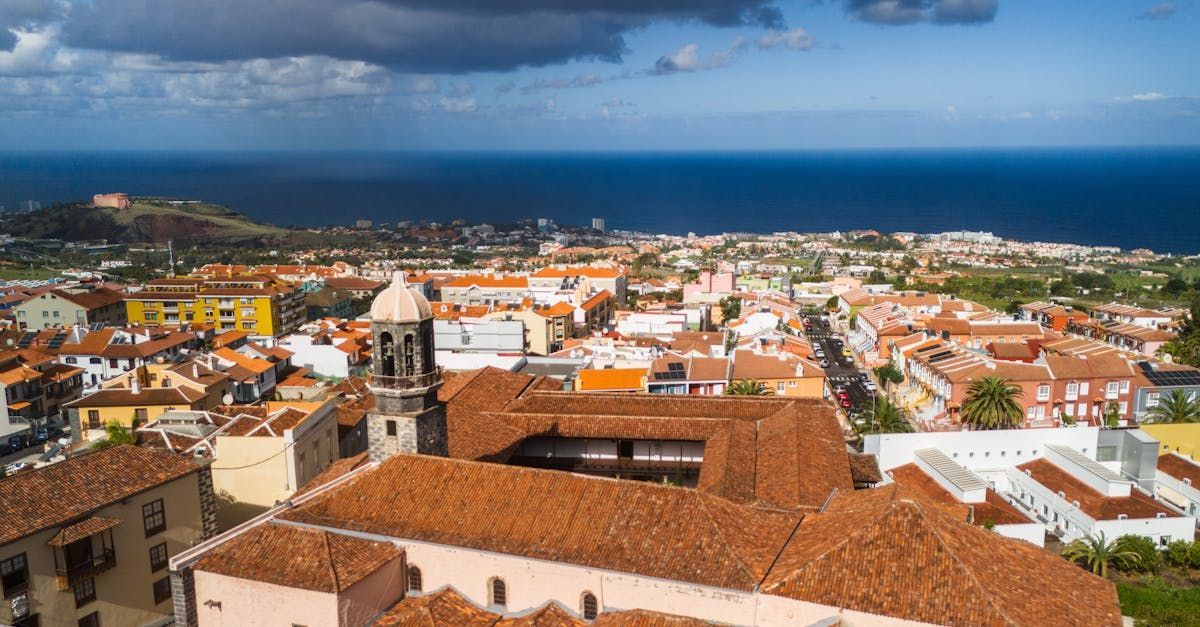 An aerial view of a city with a church in the foreground and the ocean in the background.