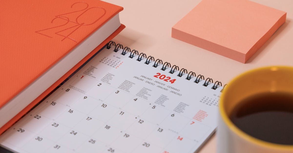 A calendar for 2024 is sitting next to a cup of coffee and sticky notes.