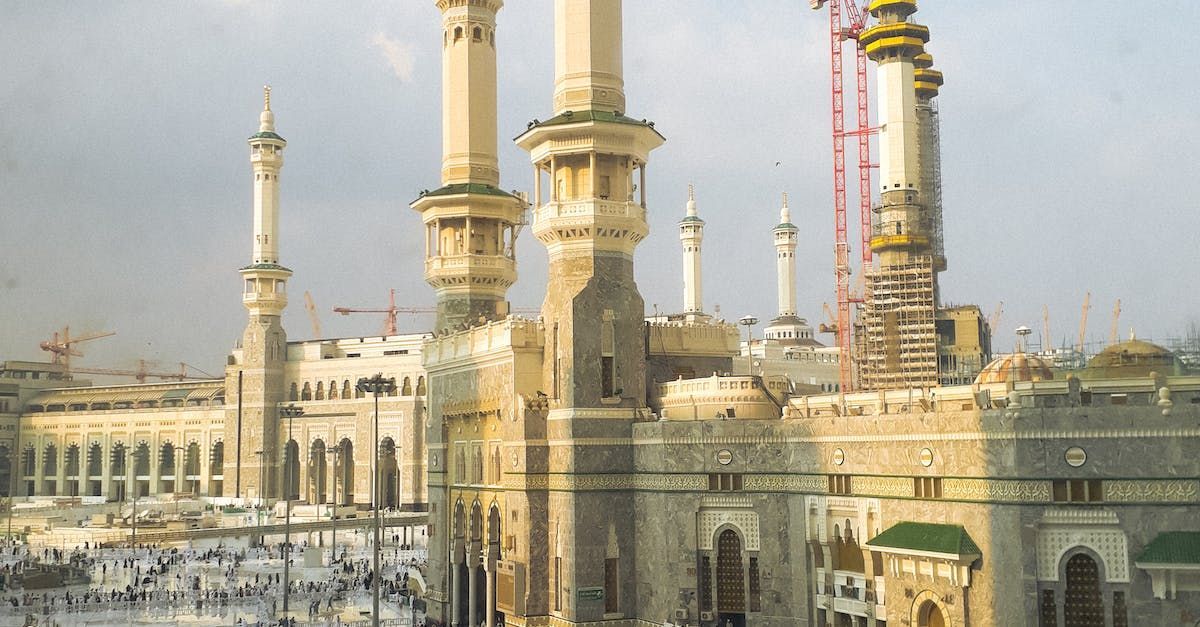 A large building with a lot of towers and a crane in the background
