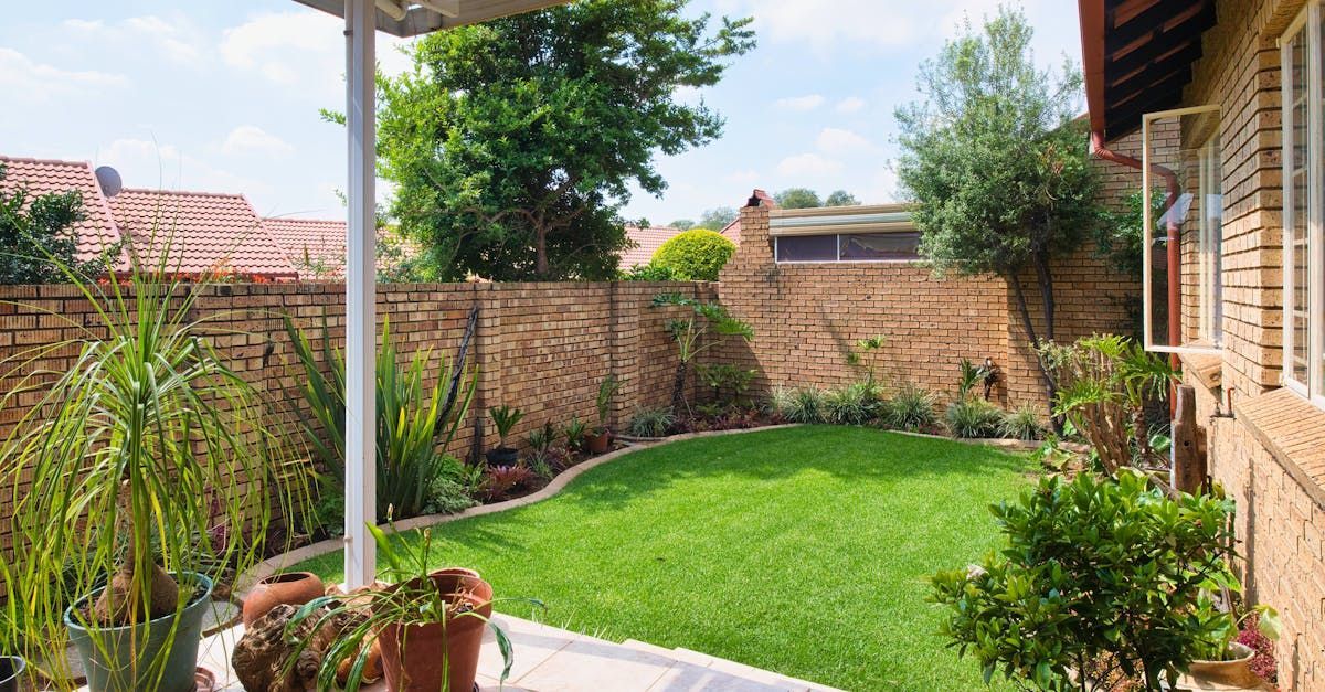 A backyard with a lush green lawn and a brick wall.