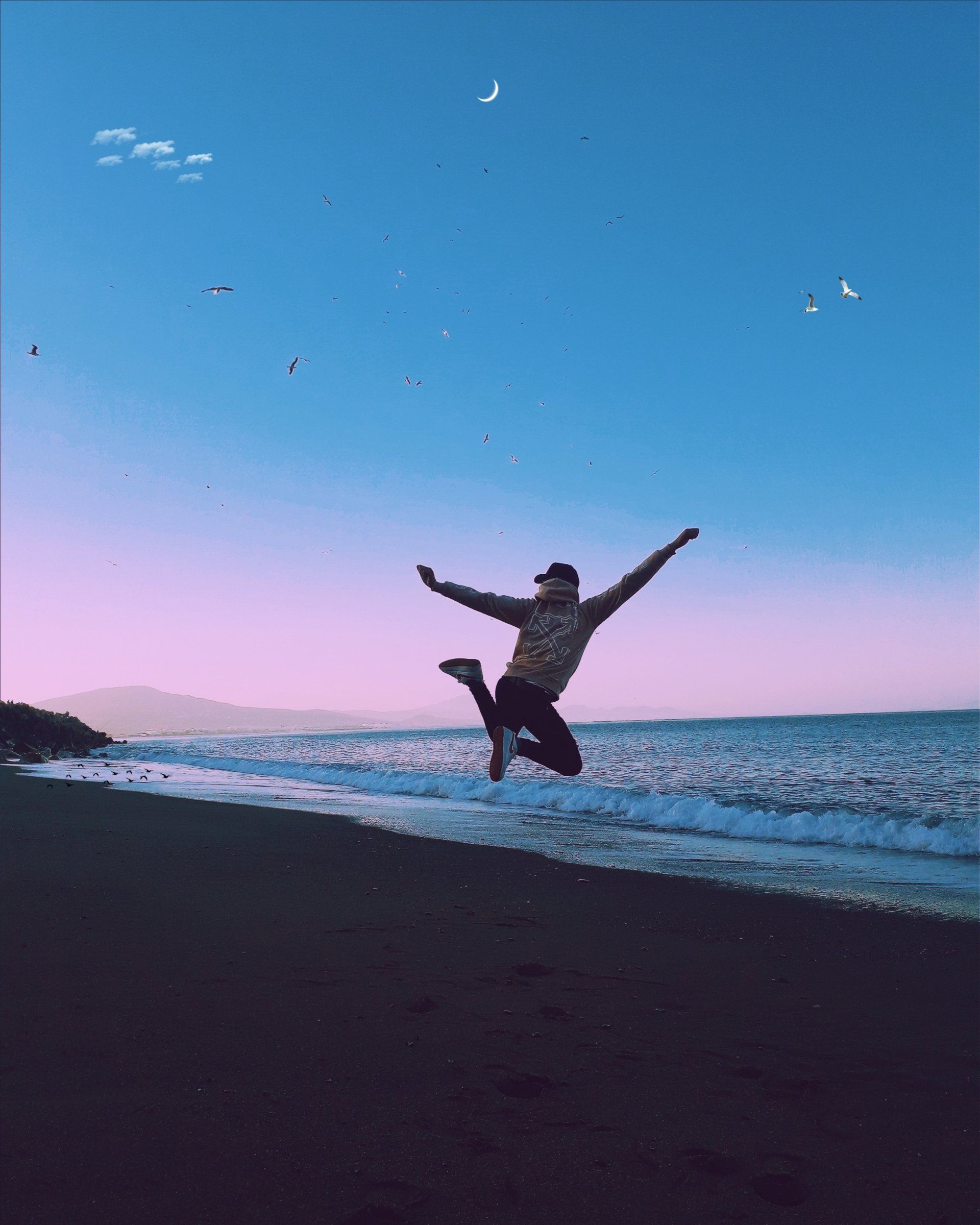 a person jumping for joy on a beach, facing the sea at sunset, birds gliding in the sky