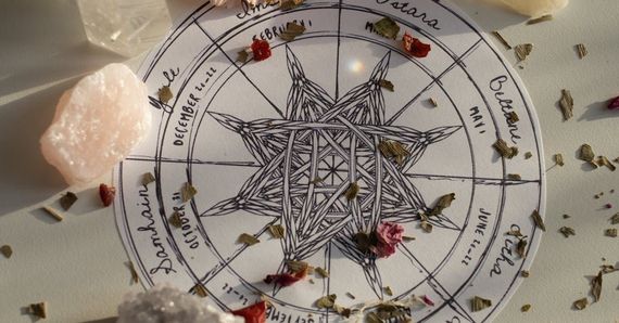 A circle with a star in the center is surrounded by crystals and flowers