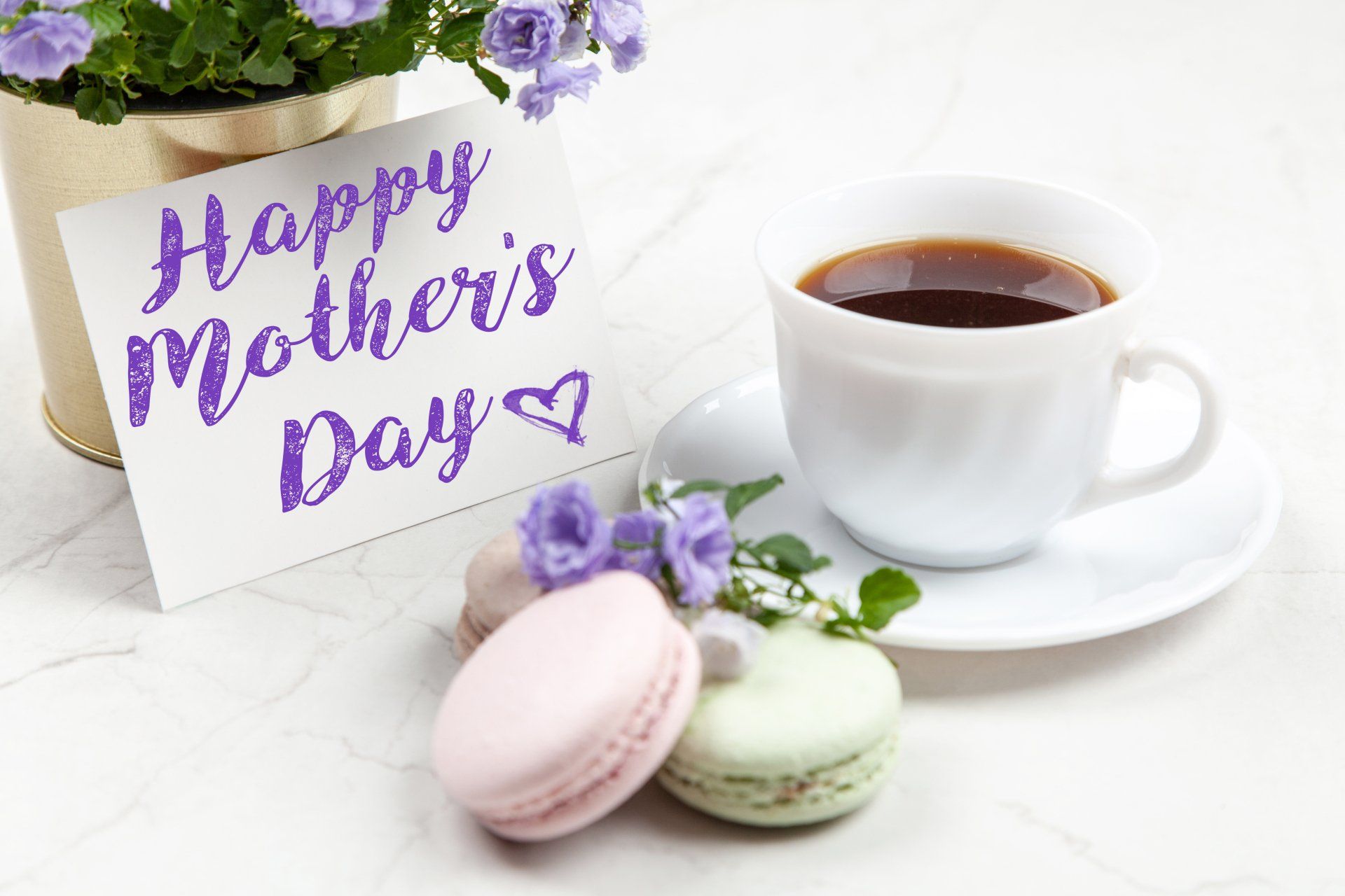 mother's day card with coffee and macarons