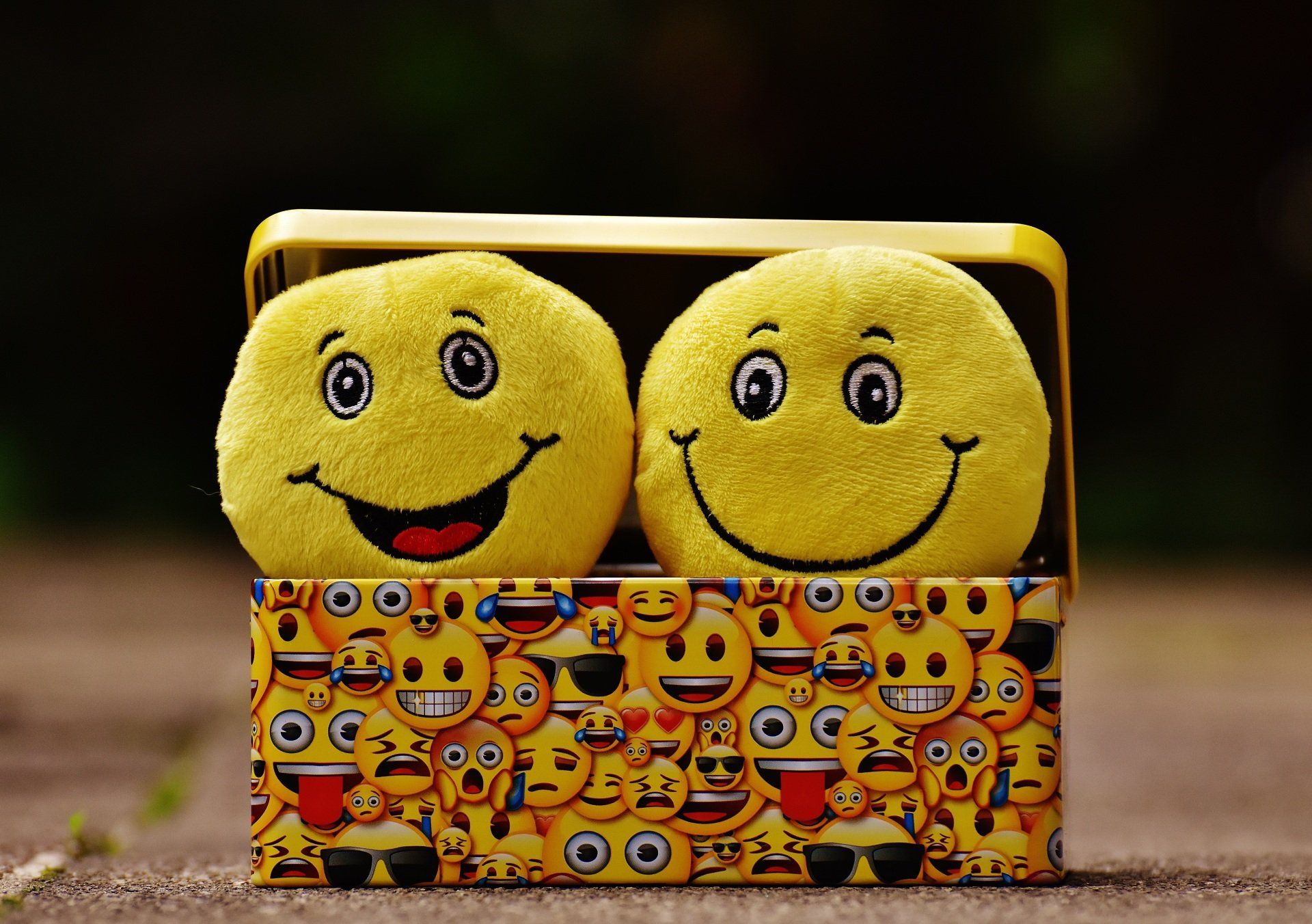 Two smiling face emoji toys