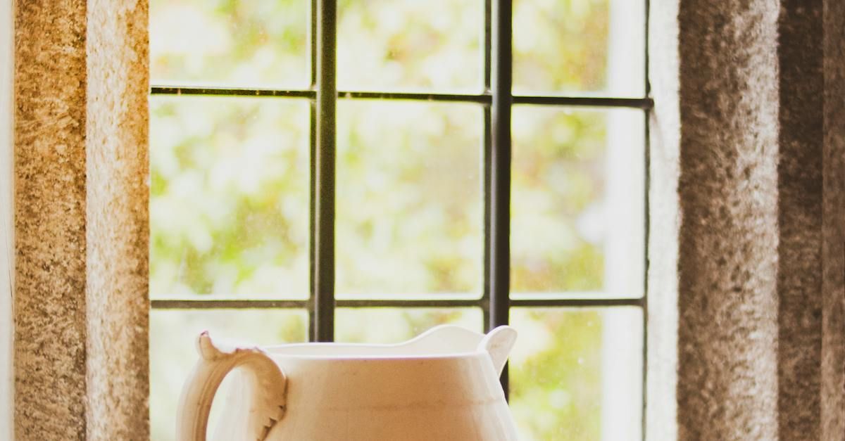 A pitcher is sitting in front of a window.