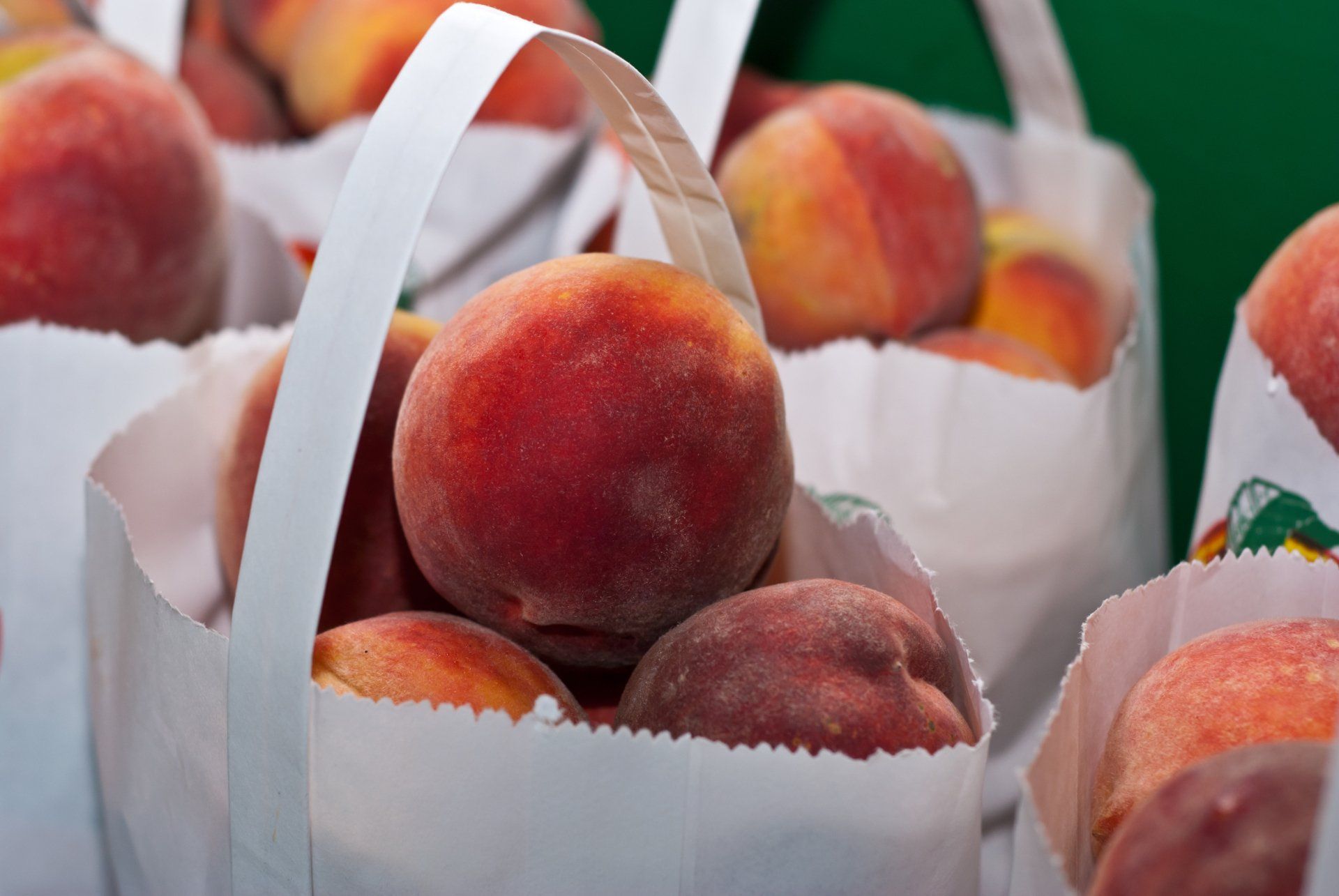 A bunch of peaches in white bags with handles