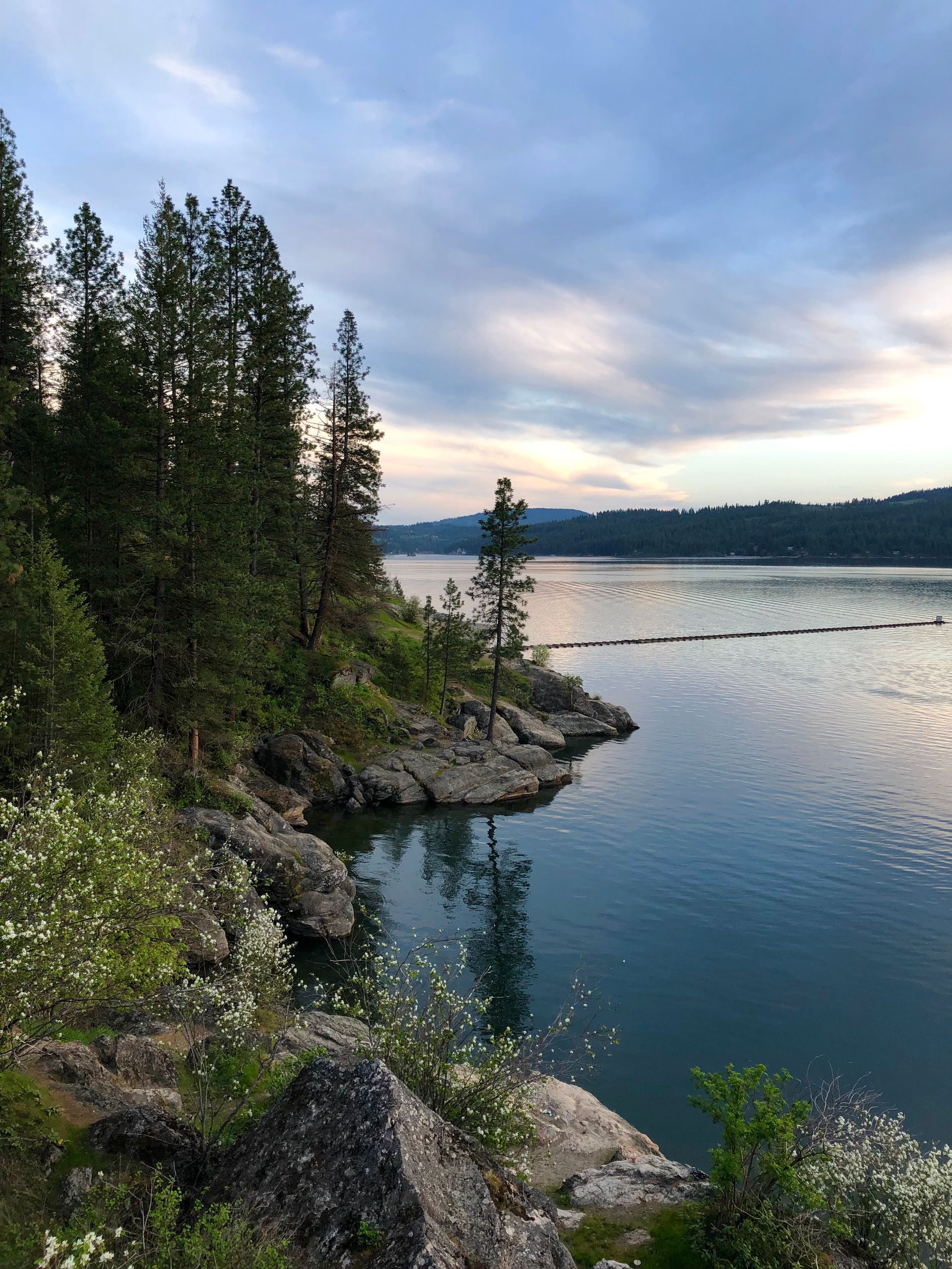 A large body of water surrounded by trees and rocks.